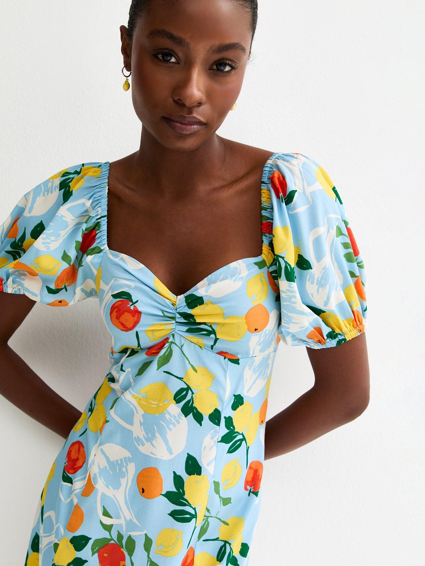 Image 4 of 4 of New Look Crepe Fruit Print Midi Dress - Light Blue