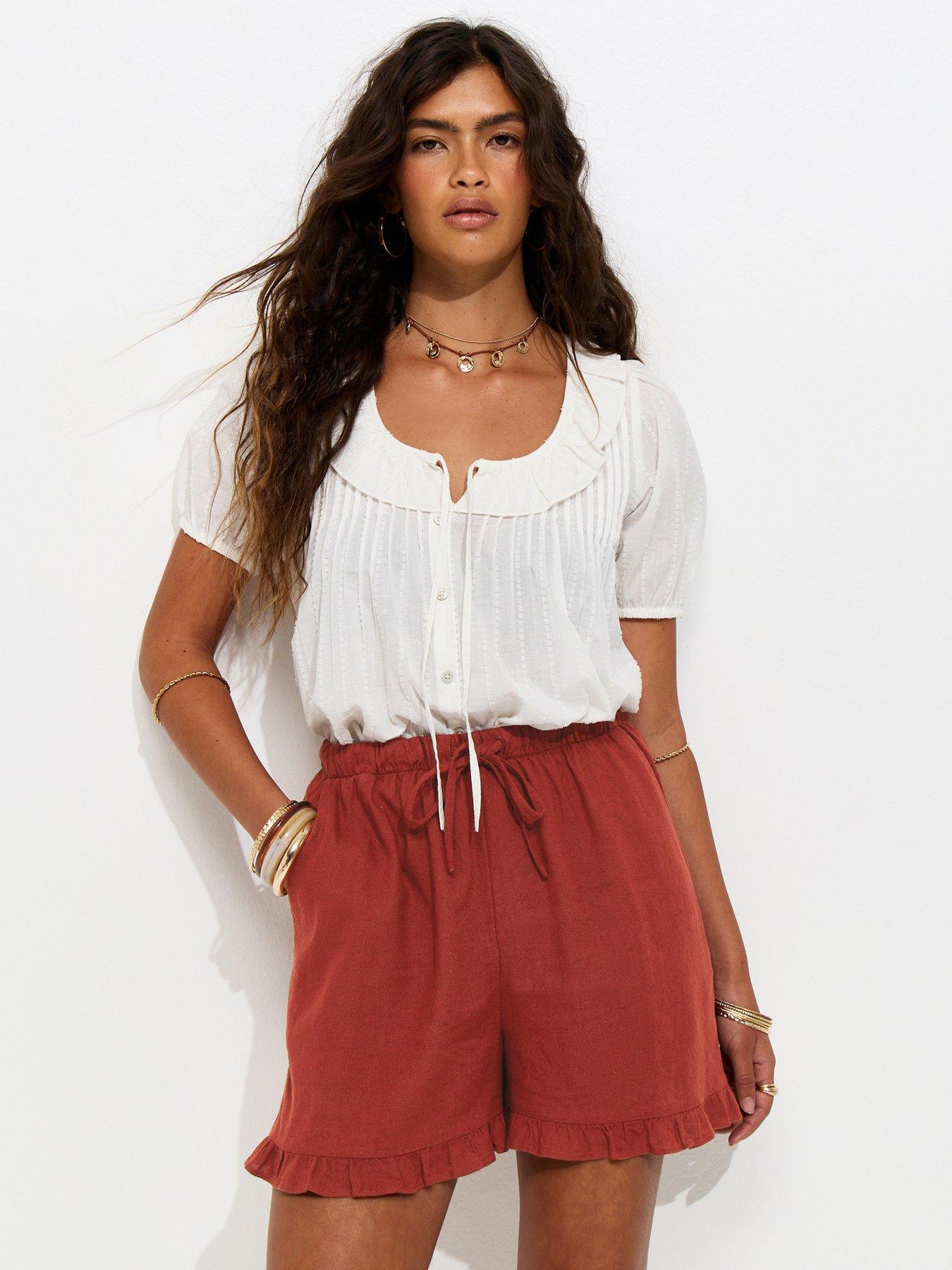 New Look Drawstring Waist Ruffle Trim Shorts - Rust