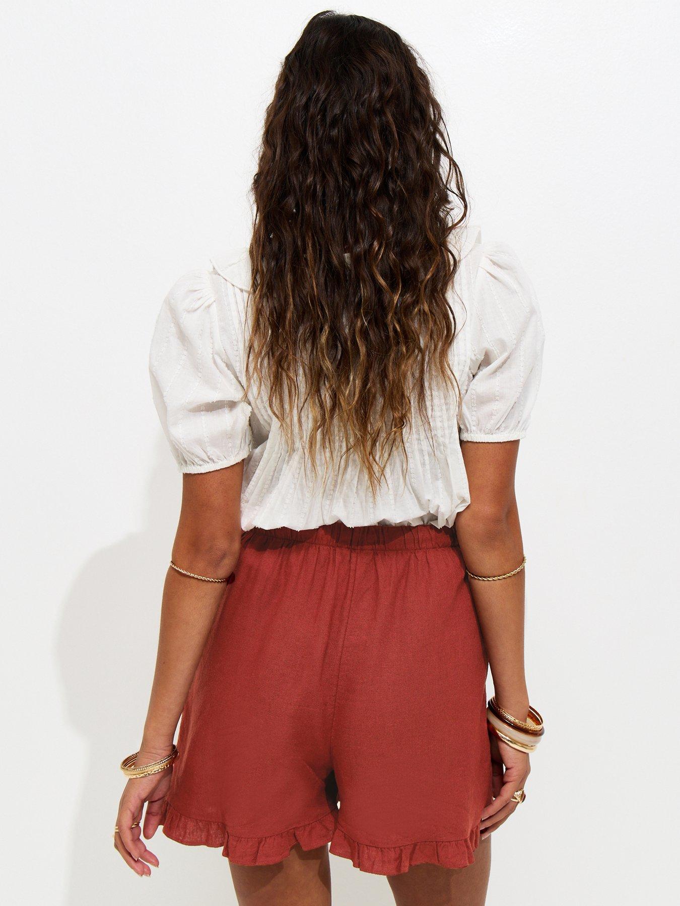 Image 2 of 6 of New Look Rust Drawstring Waist Ruffle Trim Shorts