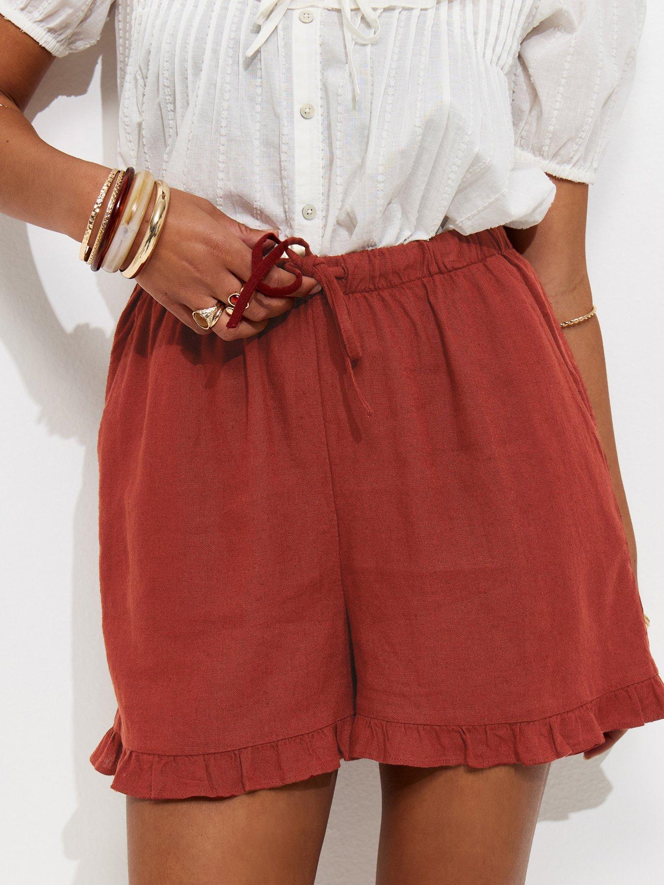 Image 5 of 6 of New Look Rust Drawstring Waist Ruffle Trim Shorts