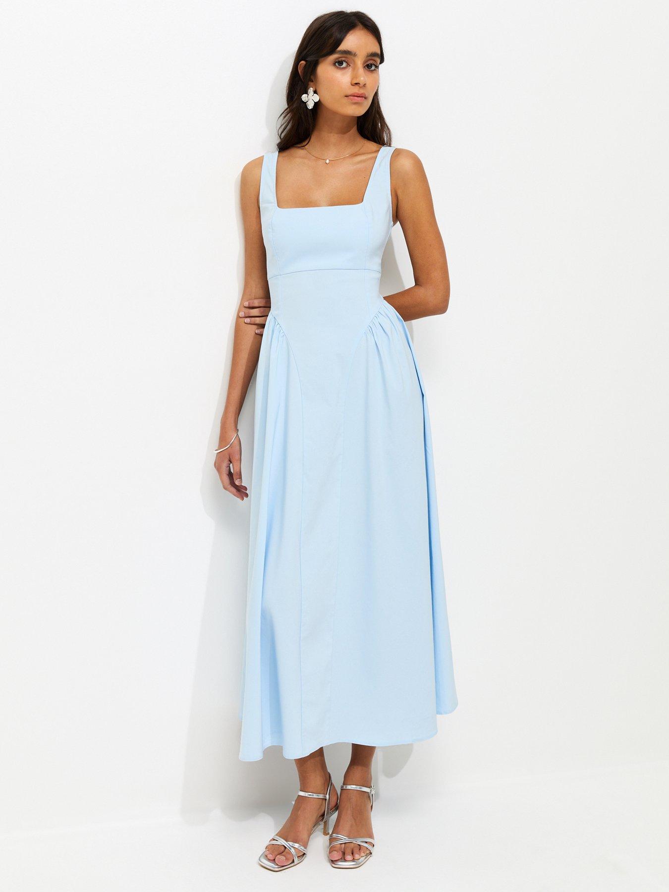 New Look Light Blue Square Neck Gathered Hips Midi Dress