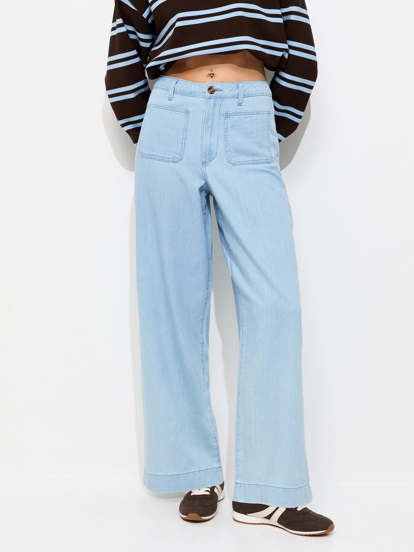 Image 1 of 6 of New Look Wash Patch Pocket Wide Leg Jeans - Light Blue