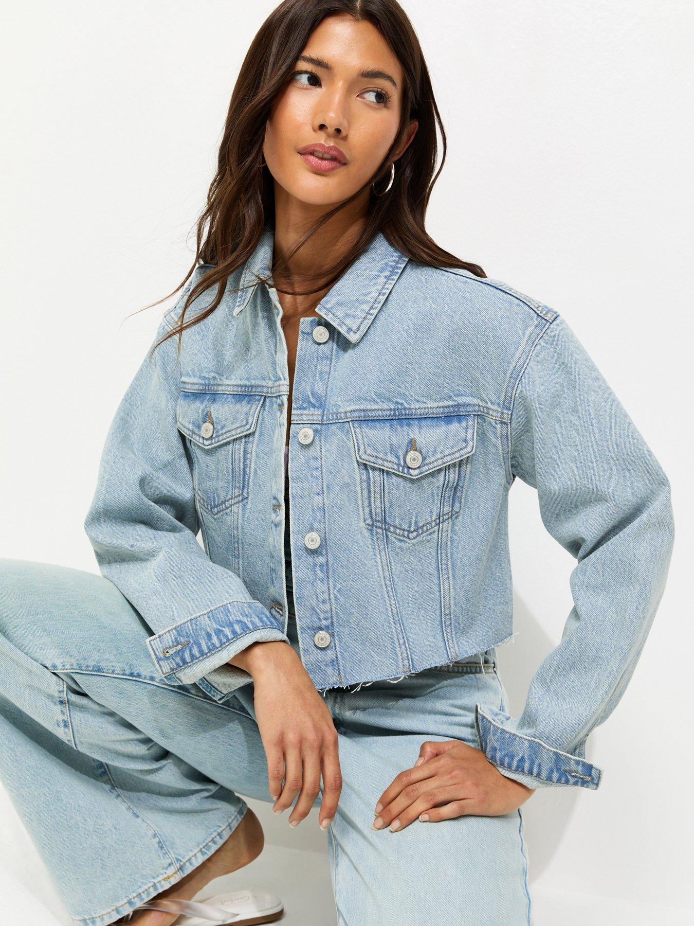 Image 1 of 5 of New Look Raw Edge Cropped Denim Jacket - Blue