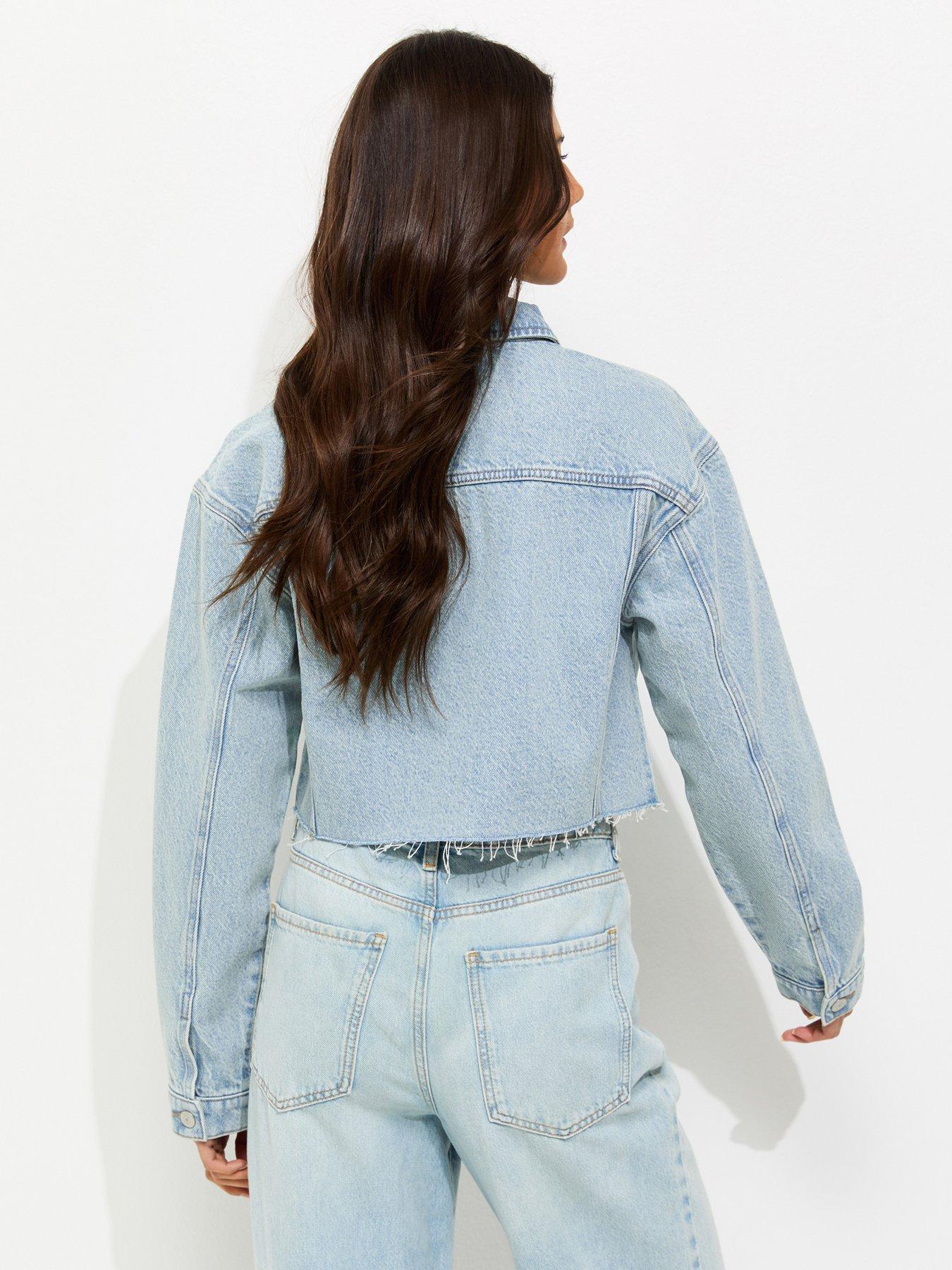 Image 2 of 5 of New Look Raw Edge Cropped Denim Jacket - Blue