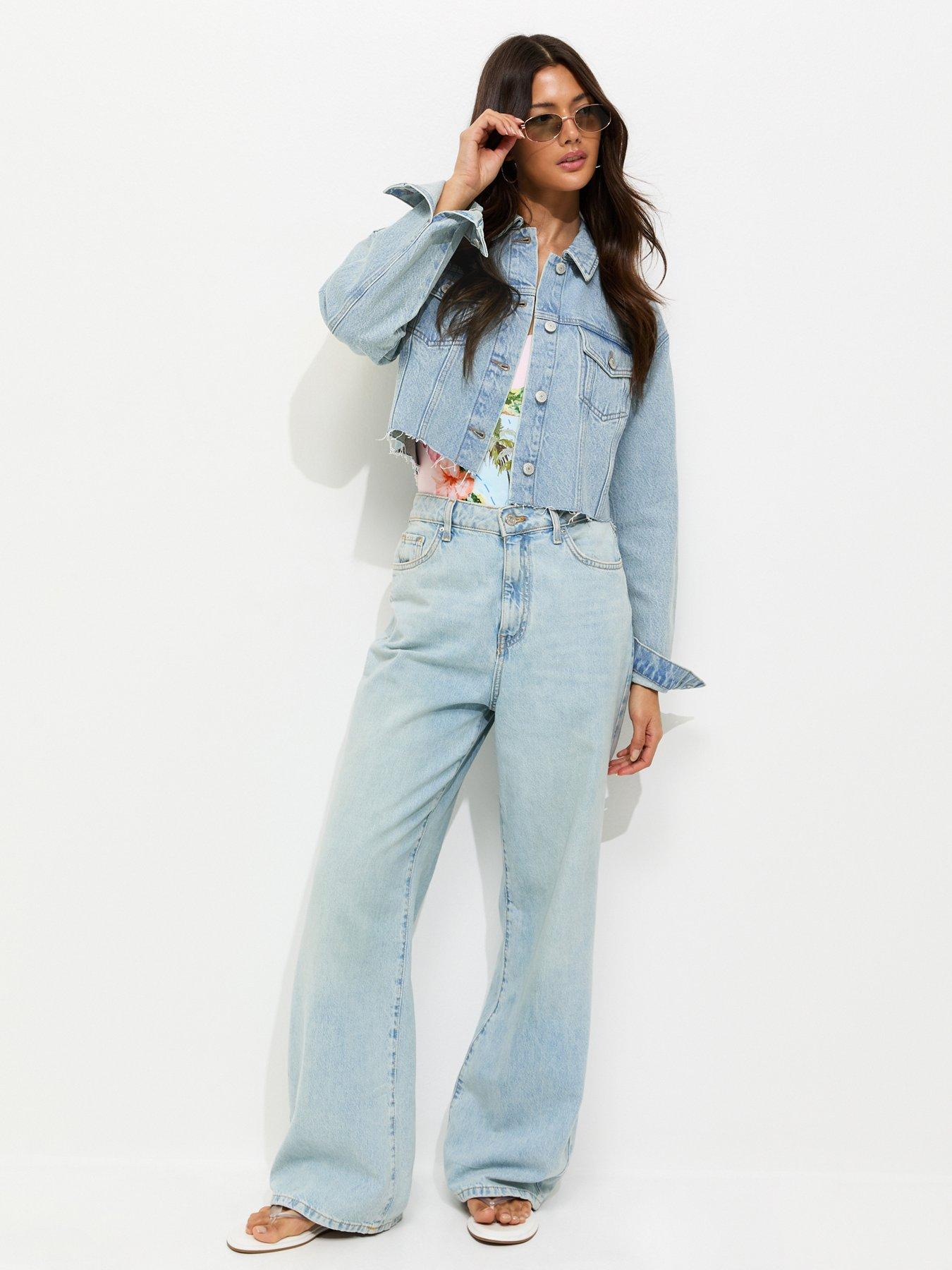 Image 3 of 5 of New Look Raw Edge Cropped Denim Jacket - Blue