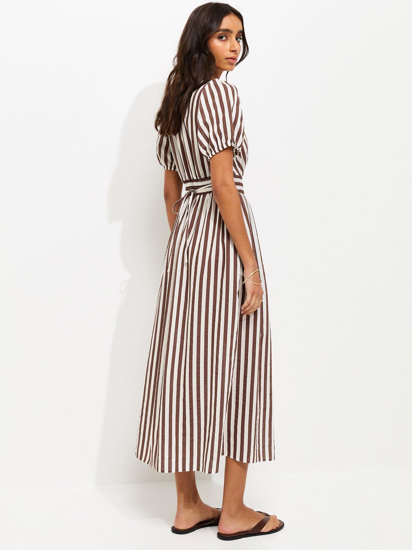 Image 2 of 5 of New Look Brown Striped Wrap Midi Dress