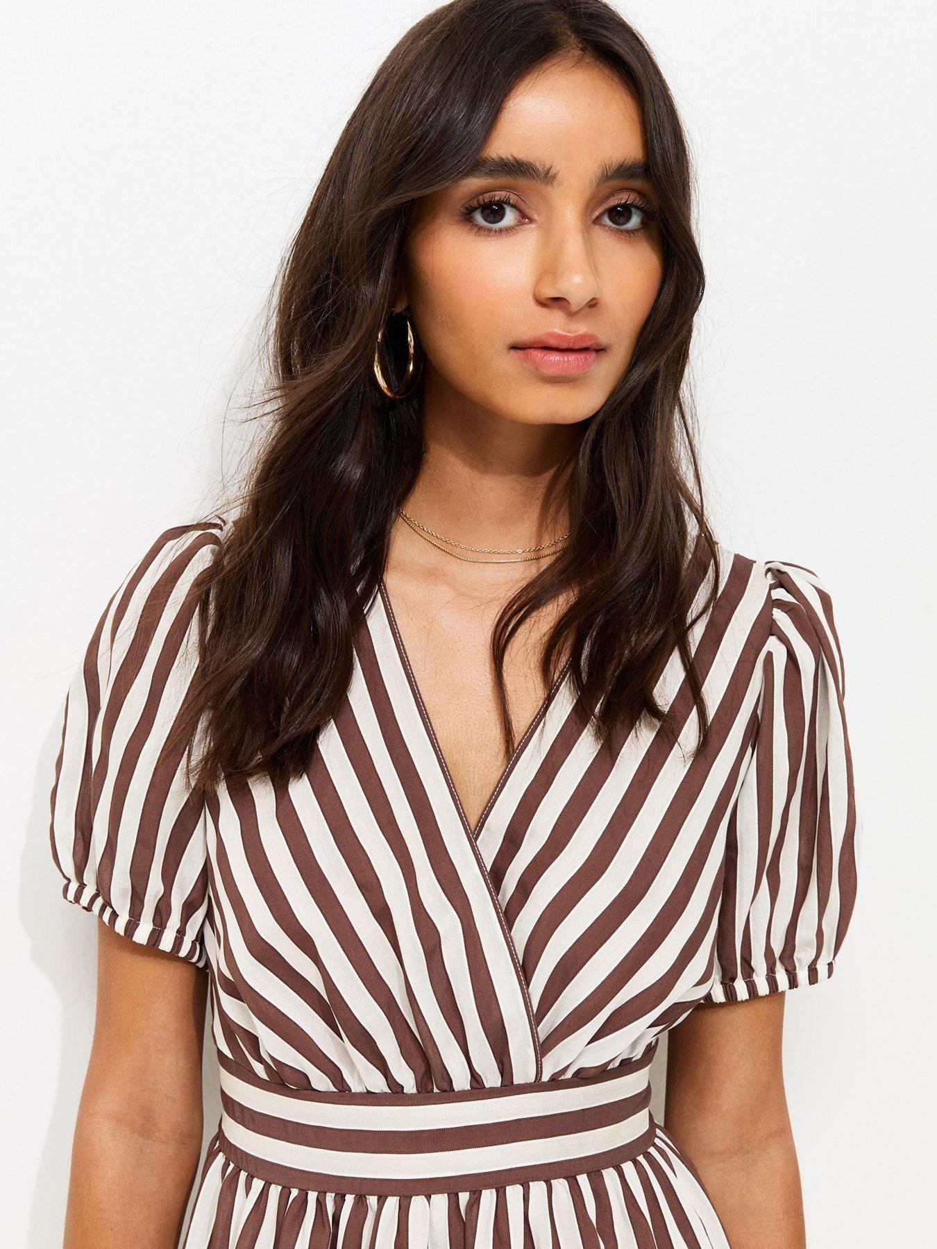 Image 4 of 5 of New Look Brown Striped Wrap Midi Dress