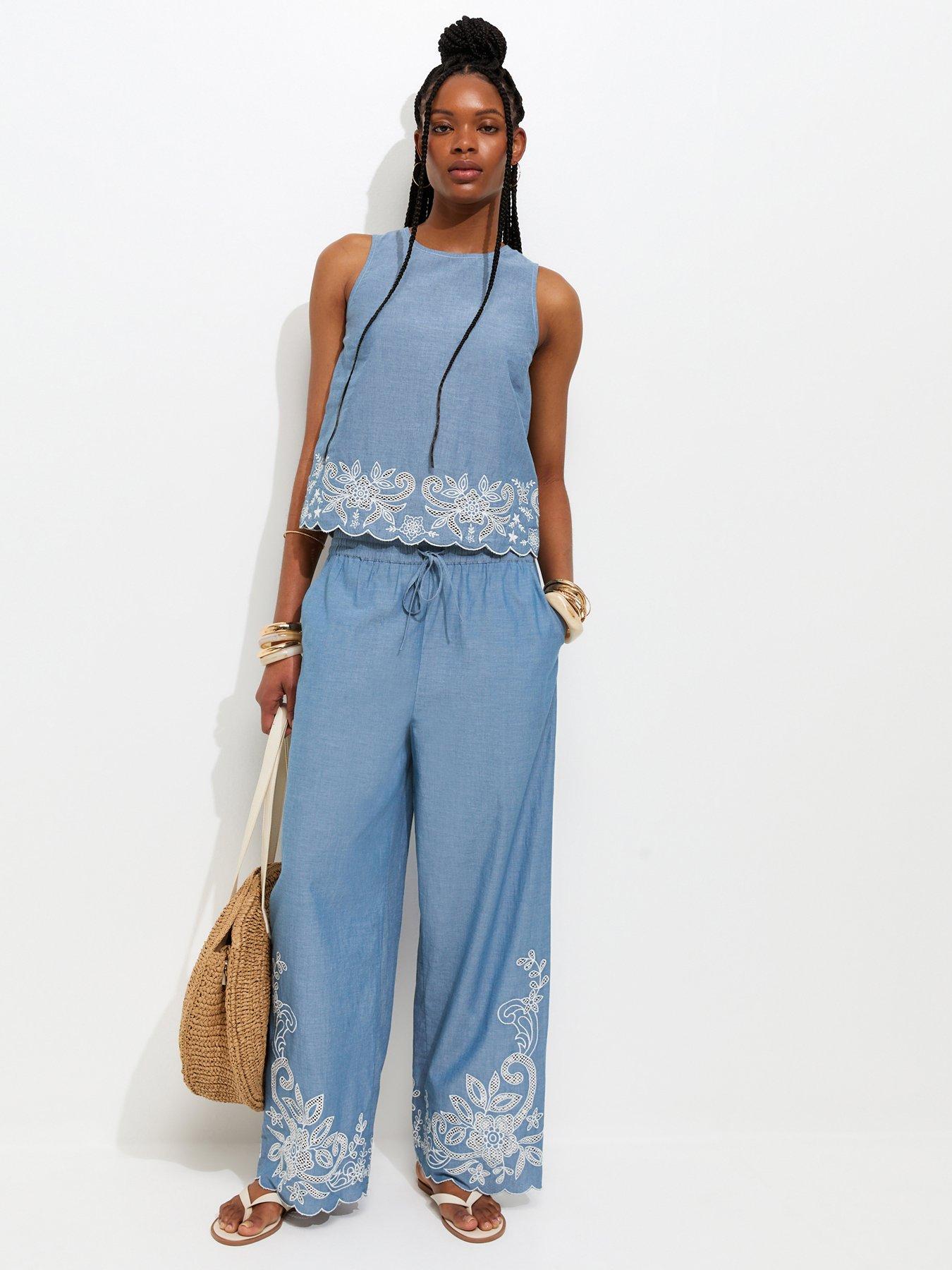 New Look Light Blue Chambray Embroidered Hem Wide Leg Trousers