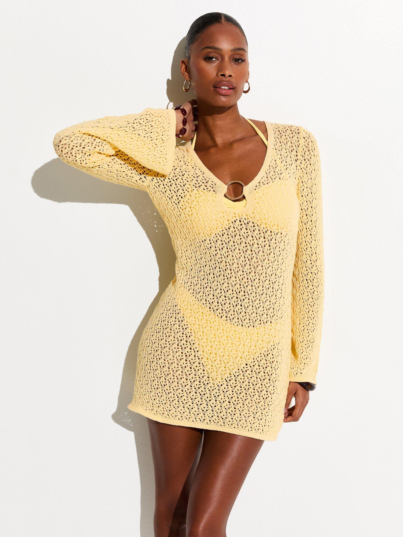 New Look O-Ring Crochet Beach Kaftan Dress - Light Yellow