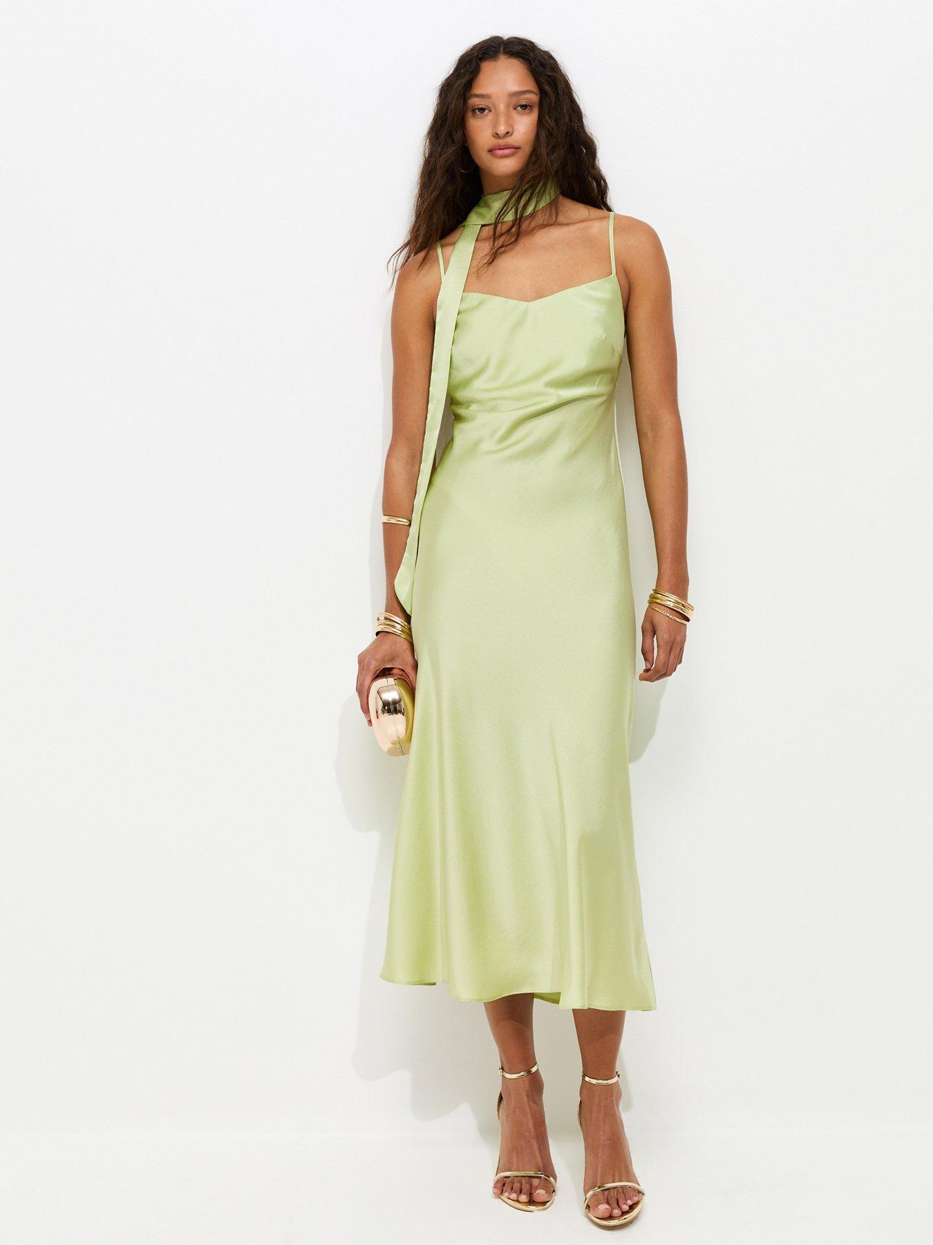 New Look Satin Slip Midi Dress With Scarf - Light Green