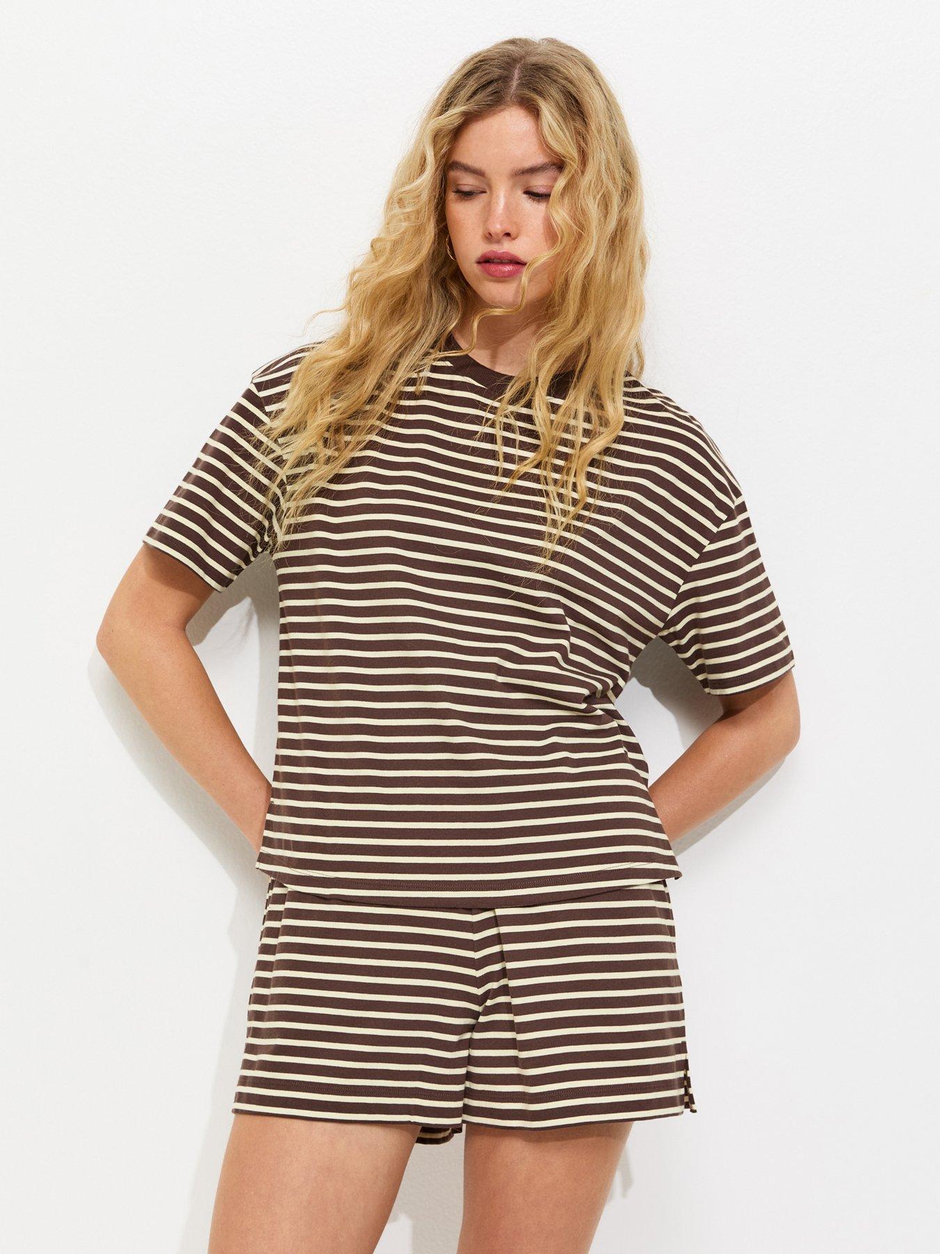 New Look Cotton Striped Jogger Shorts - Brown/White