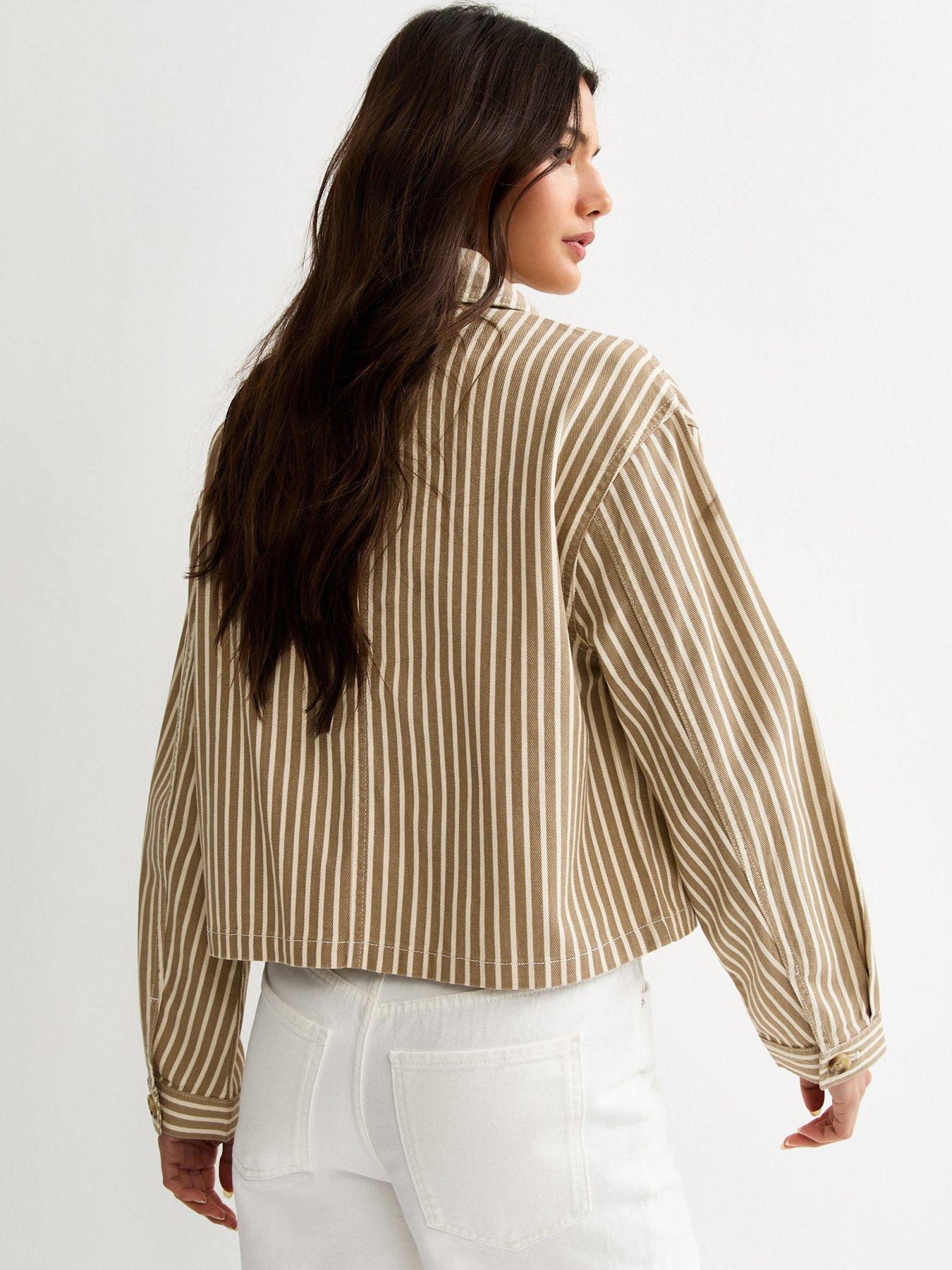 Image 2 of 6 of New Look Twill Cropped Pinstripe Shacket - Light Brown