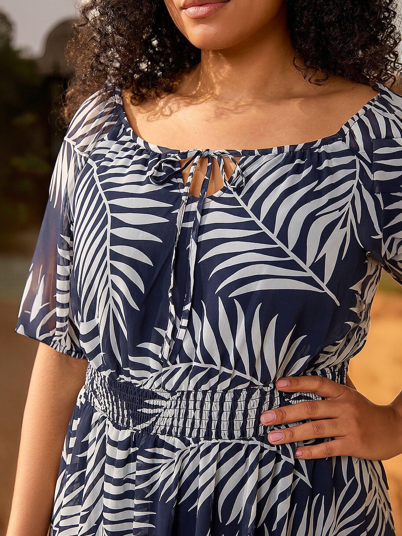 Image 2 of 5 of Roman Curve Leaf Print Tie Neck Midi Dress