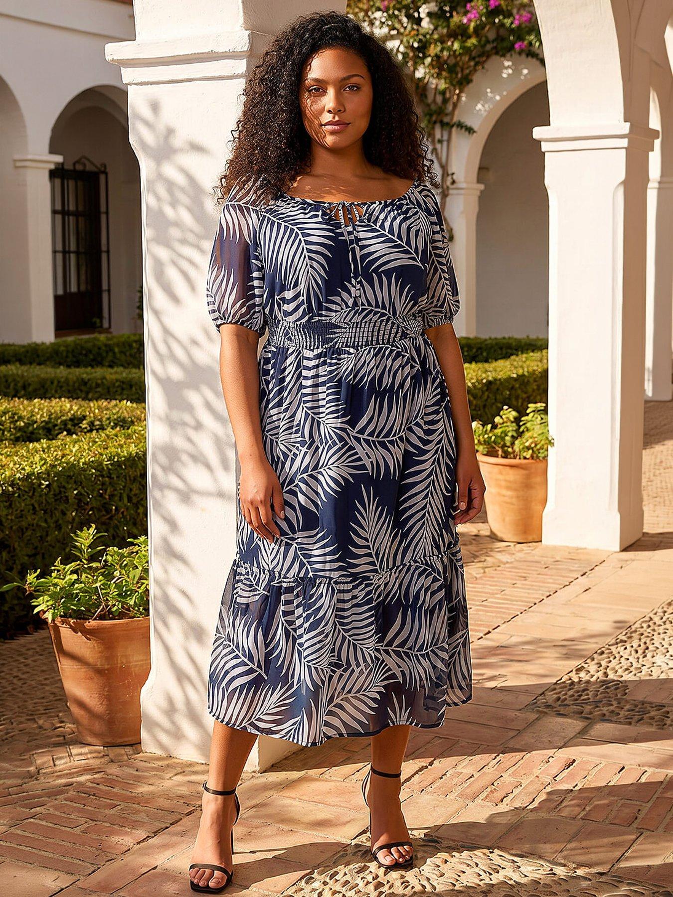 Image 3 of 5 of Roman Curve Leaf Print Tie Neck Midi Dress