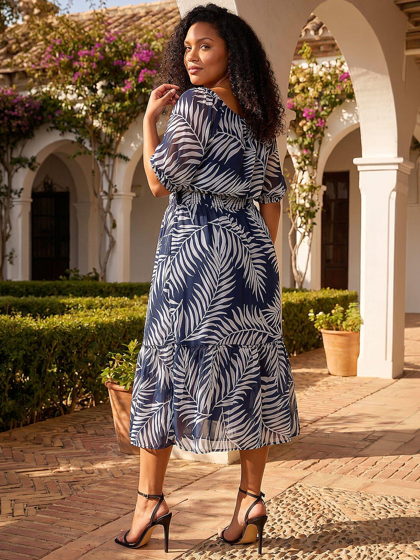 Image 4 of 5 of Roman Curve Leaf Print Tie Neck Midi Dress
