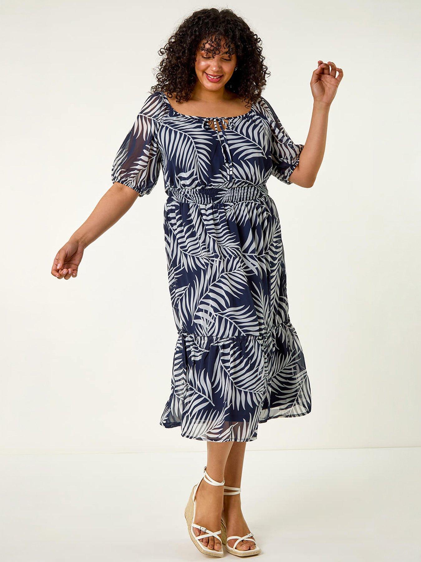 Image 5 of 5 of Roman Curve Leaf Print Tie Neck Midi Dress