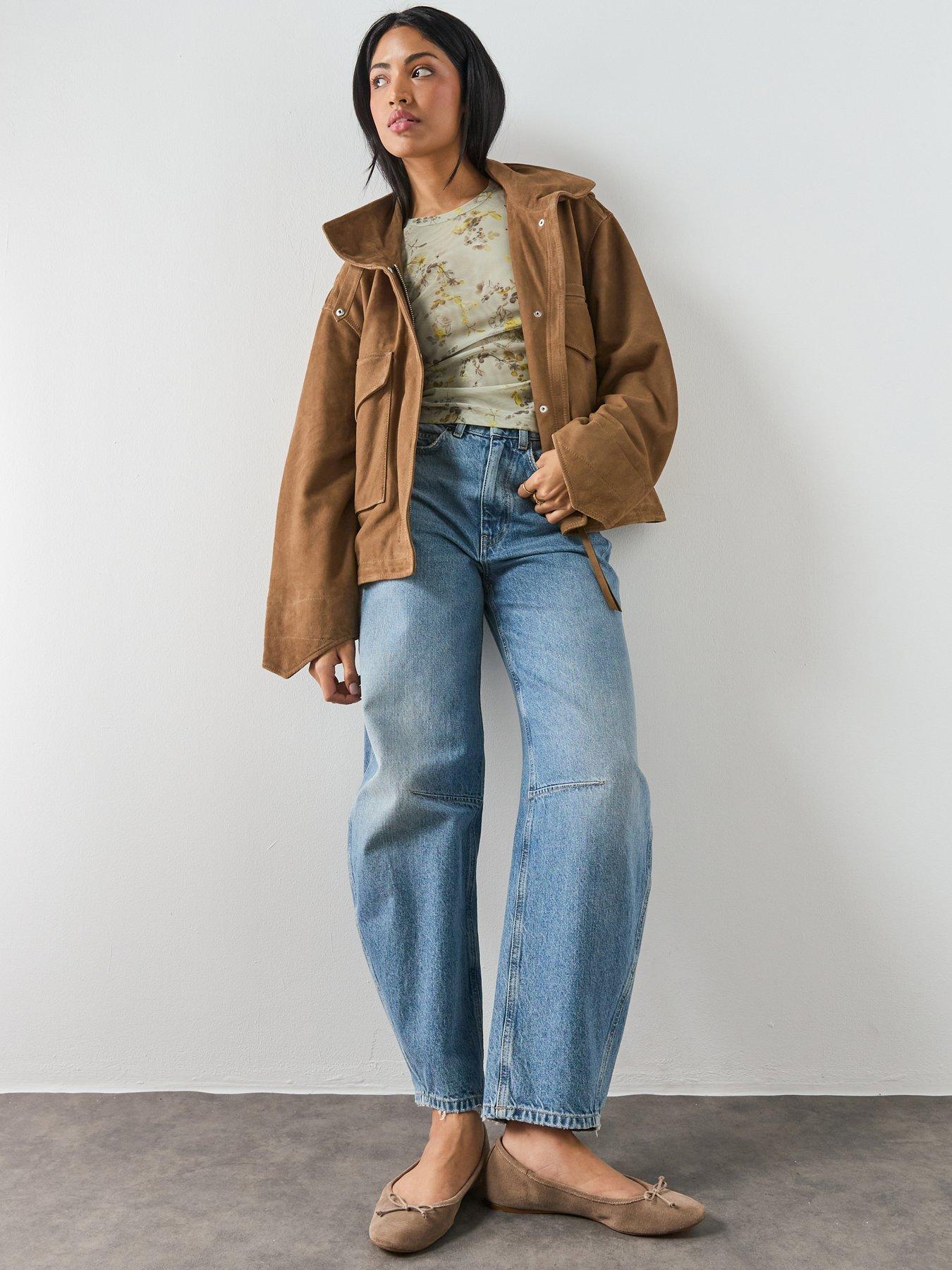 Image 3 of 6 of AllSaints Funnel Neck Suede Cropped Jacket - Clay