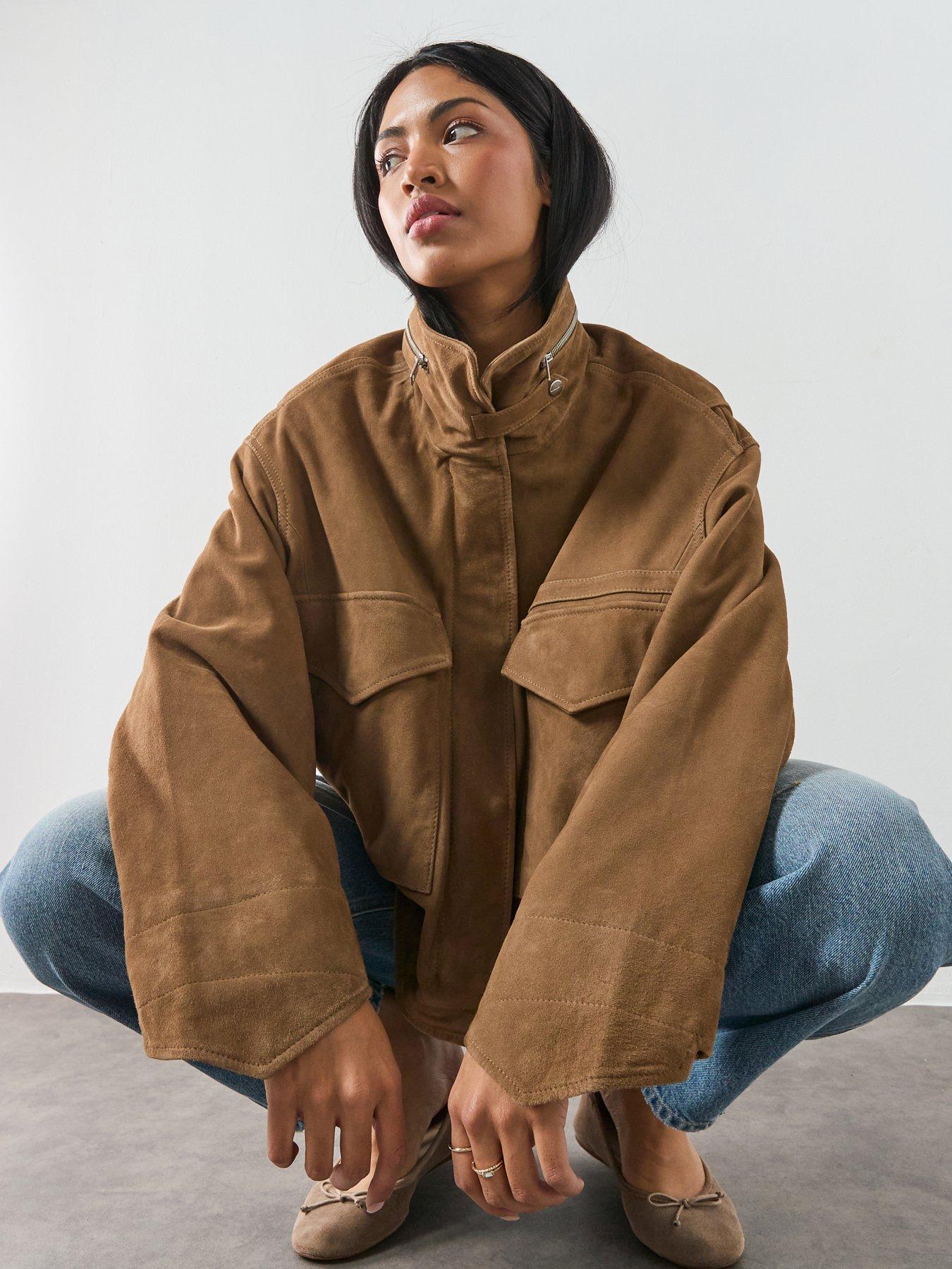 Image 6 of 6 of AllSaints Funnel Neck Suede Cropped Jacket - Clay