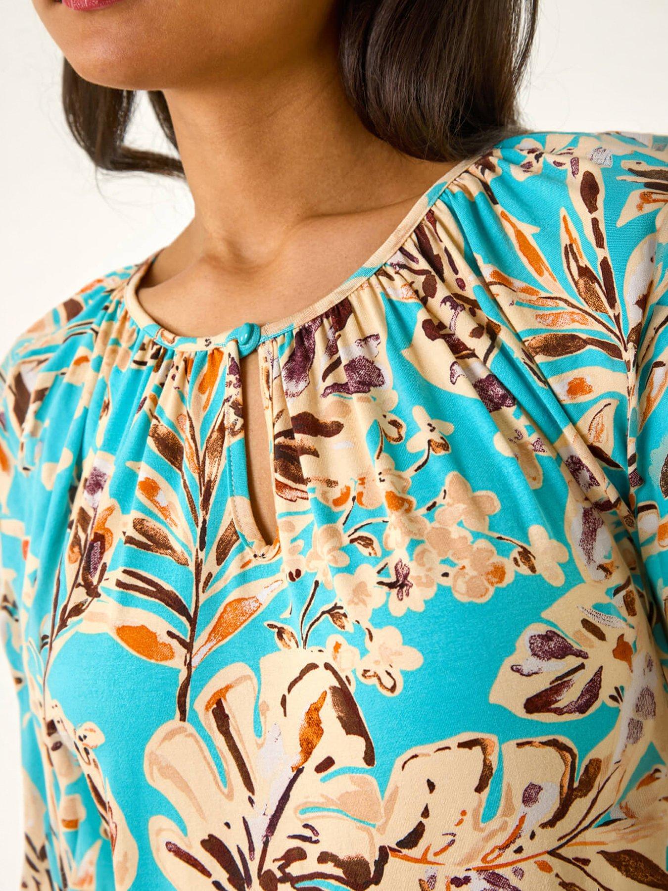 Image 2 of 5 of Roman Floral Printed Keyhole Front Stretch Top