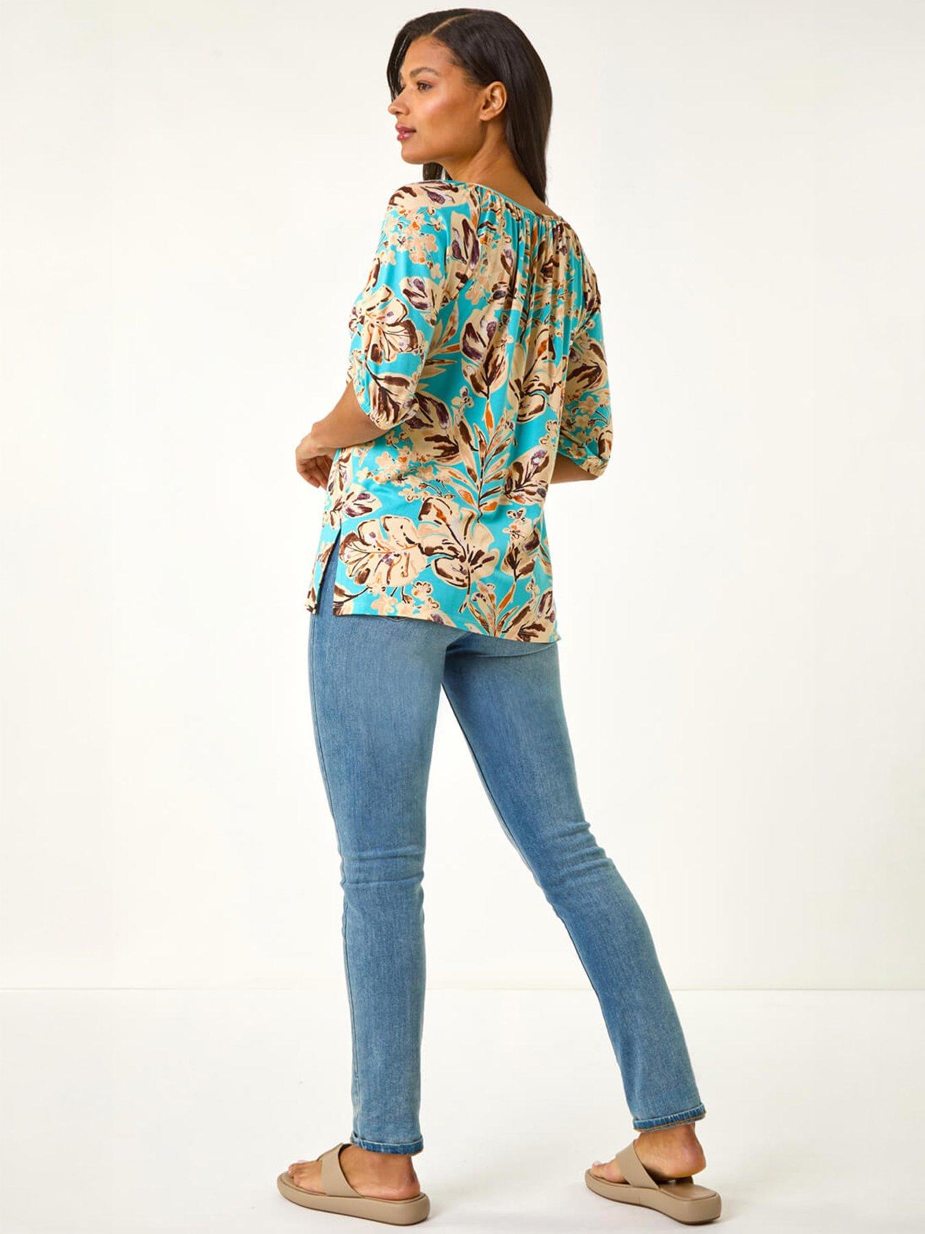 Image 4 of 5 of Roman Floral Printed Keyhole Front Stretch Top