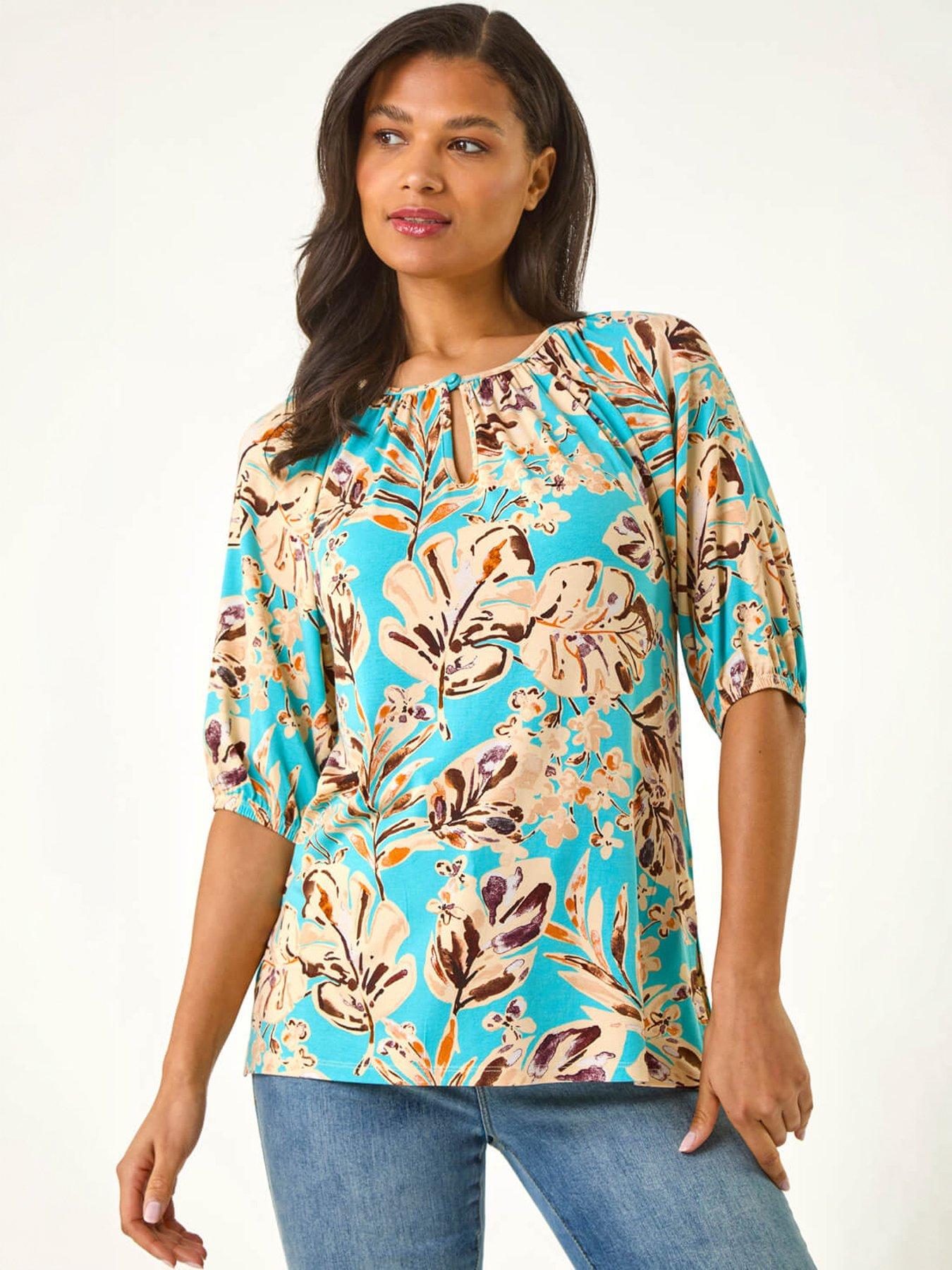 Image 5 of 5 of Roman Floral Printed Keyhole Front Stretch Top