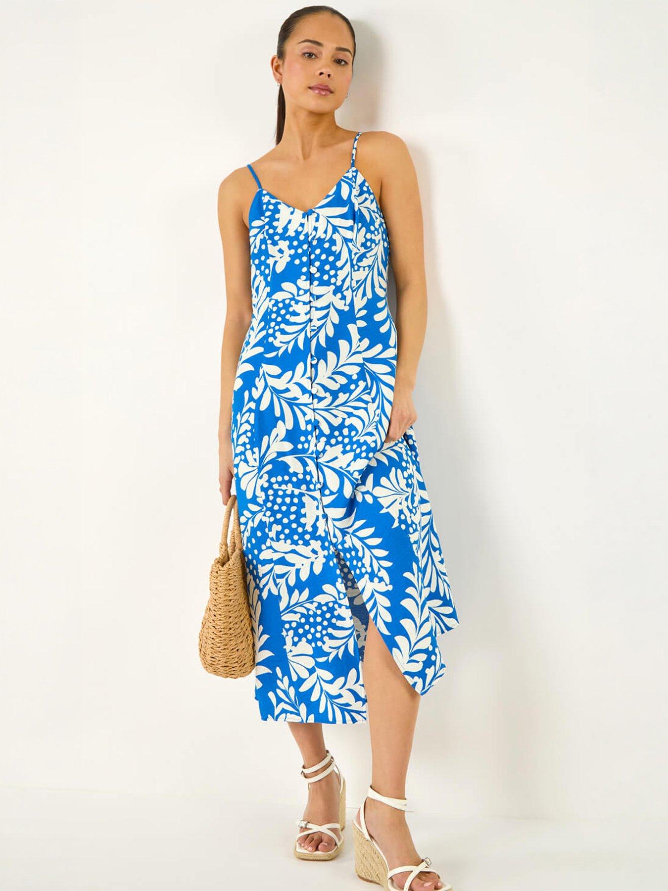 Roman Petite Leaf Print Strappy Midi Dress