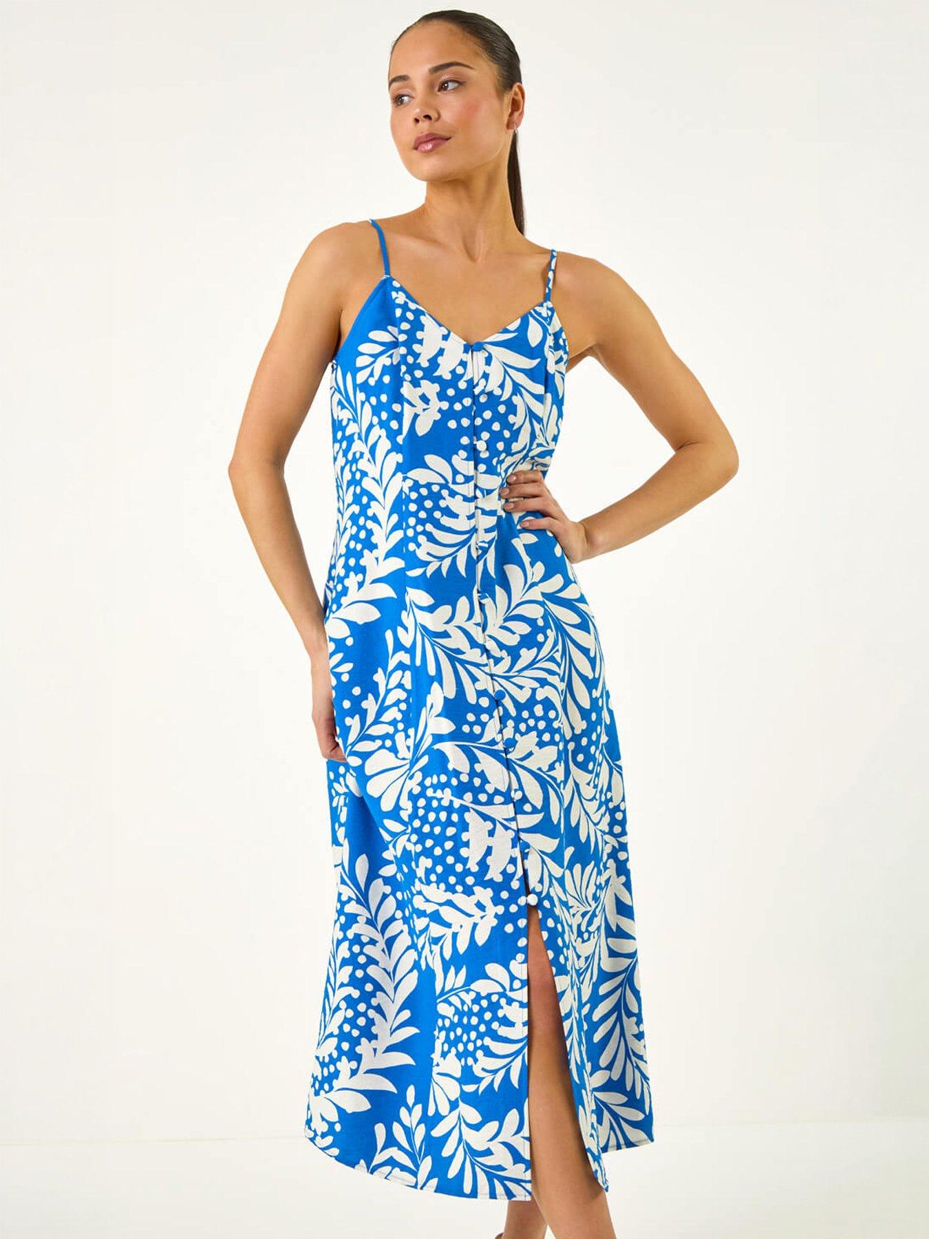 Image 5 of 5 of Roman Petite Leaf Print Strappy Midi Dress