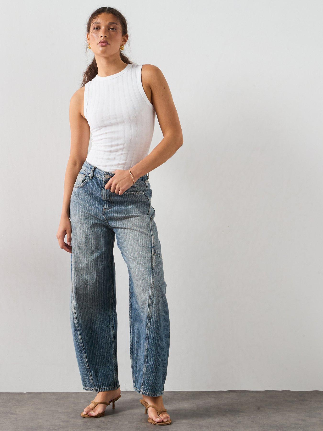 Image 3 of 6 of AllSaints Carter Stripe Barrel Leg Jeans - Blue
