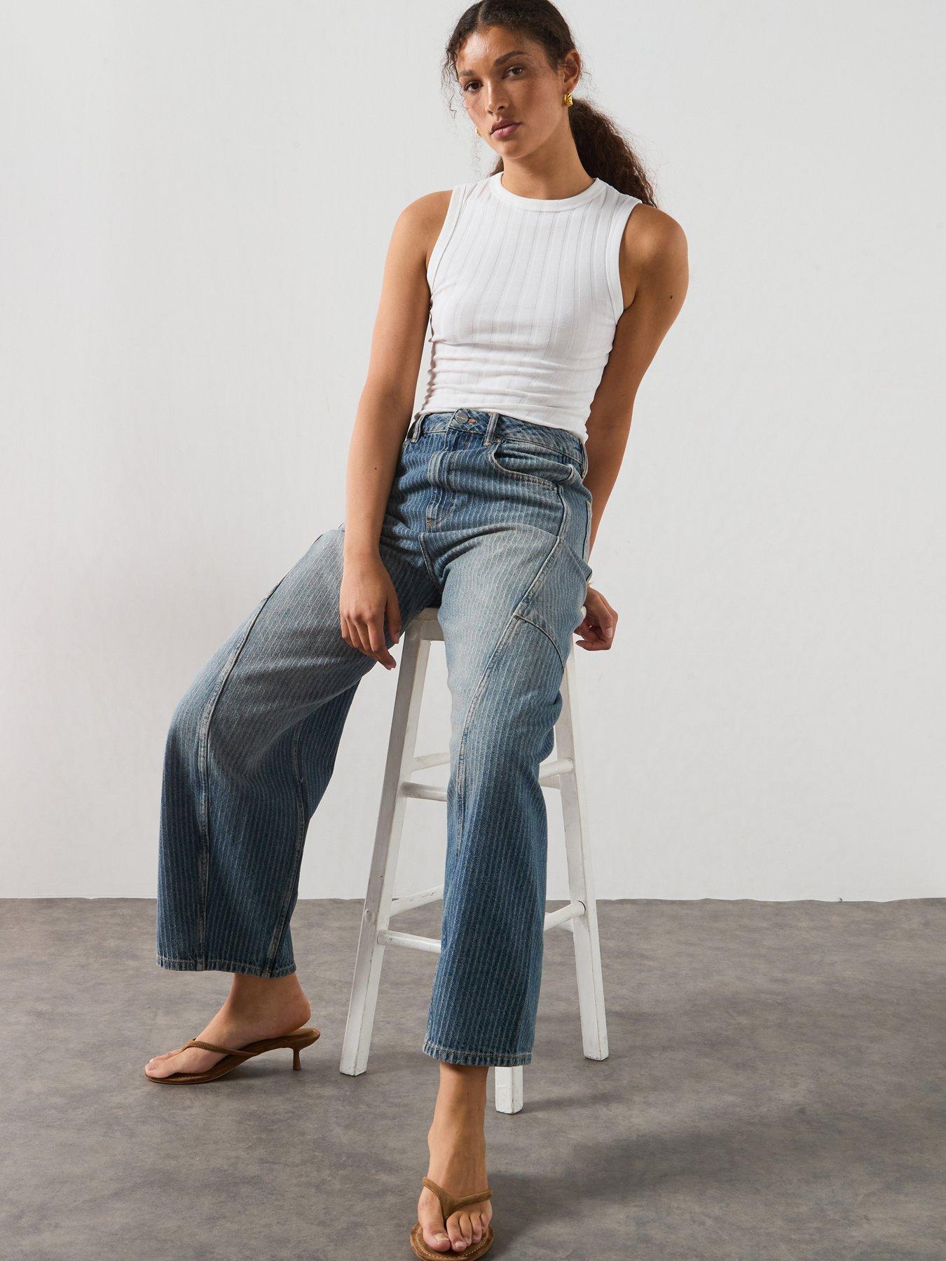 Image 6 of 6 of AllSaints Carter Stripe Barrel Leg Jeans - Blue