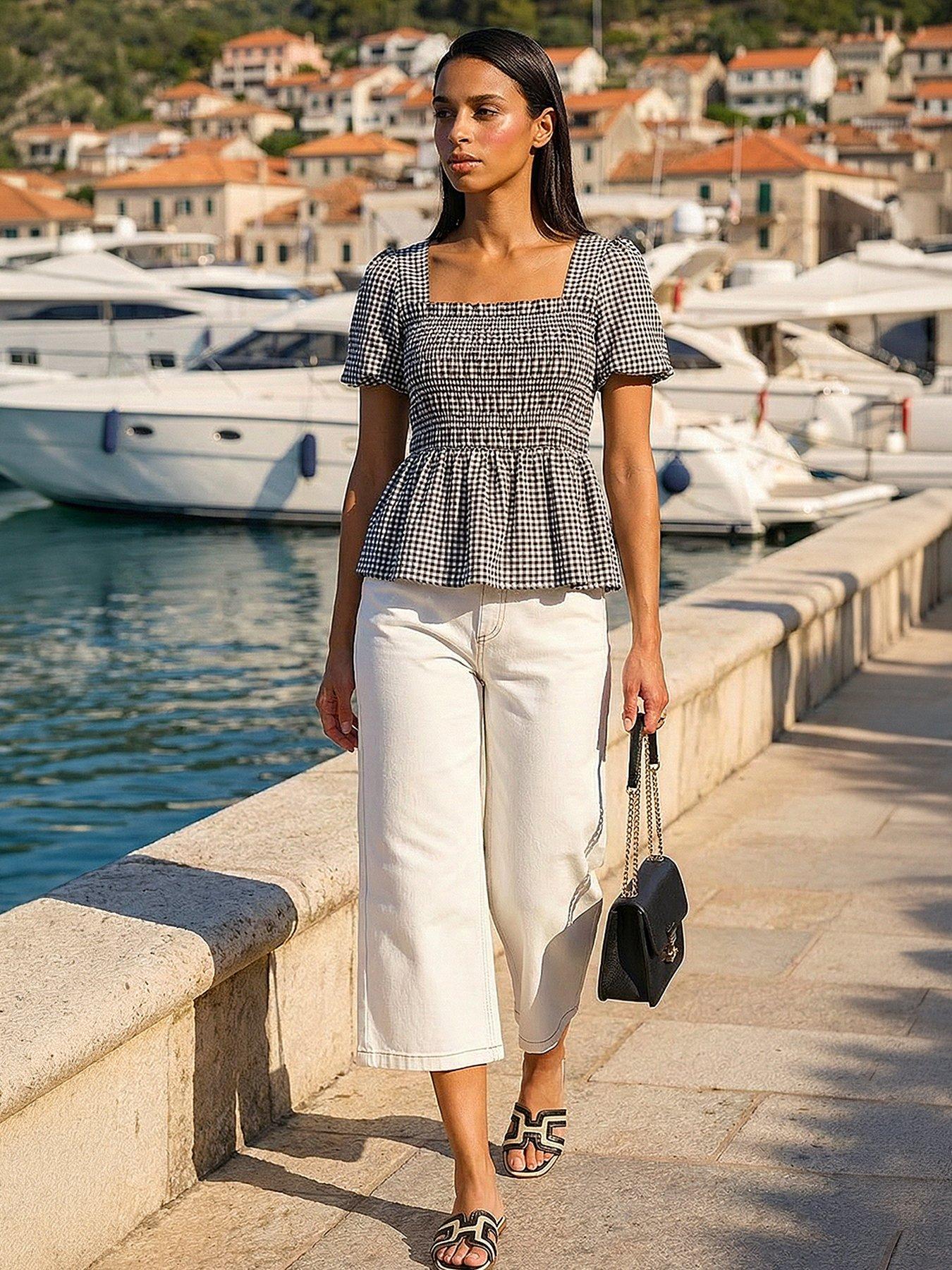 roman-dusk-gingham-shirred-peplum-topfront