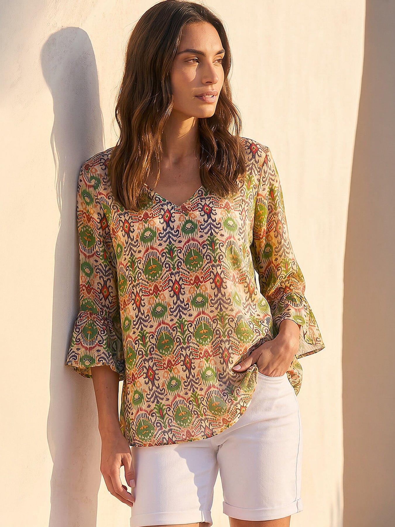 Roman Ikat Print Flare Sleeve Top