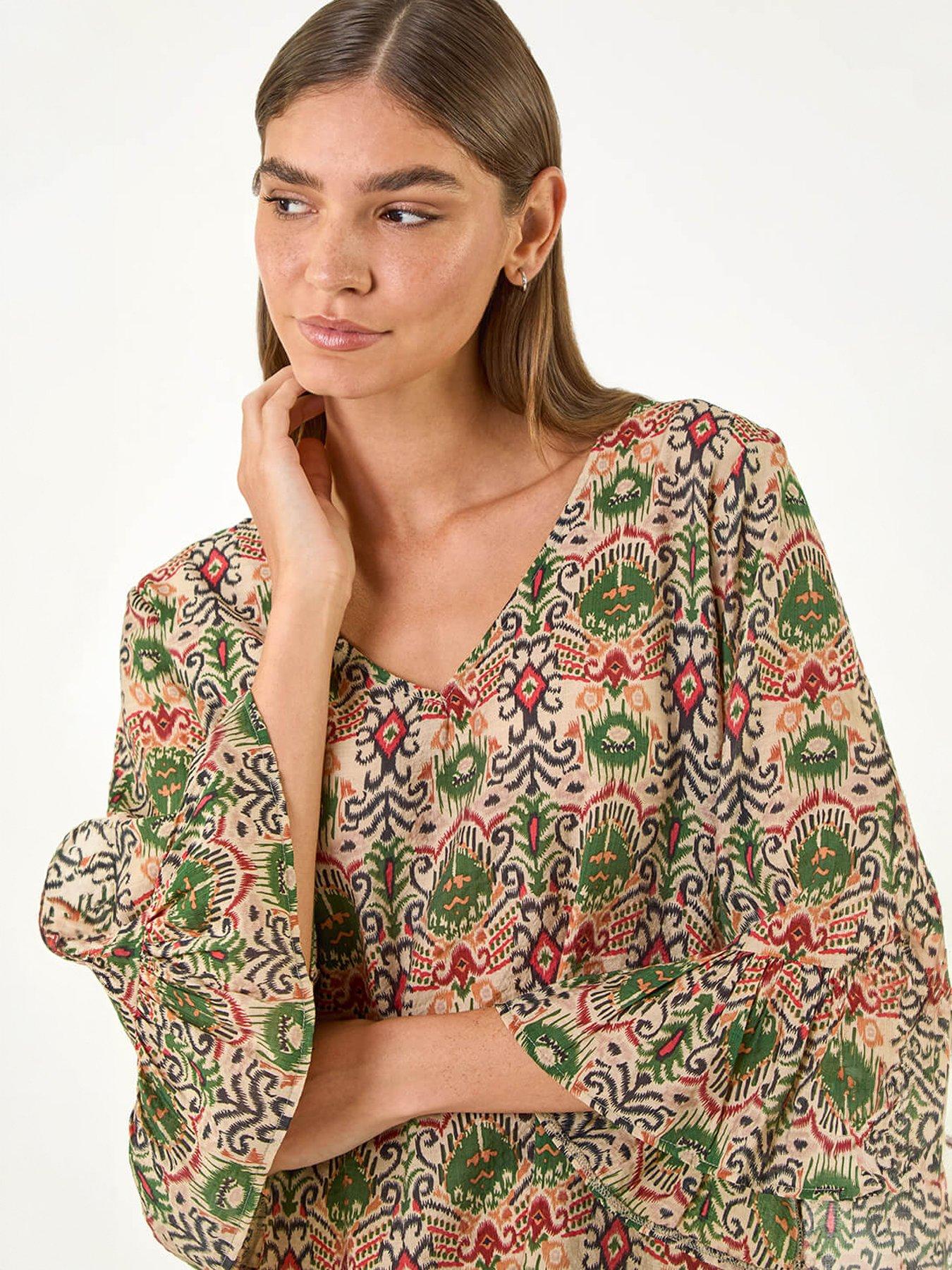 Image 3 of 5 of Roman Ikat Print Flare Sleeve Top