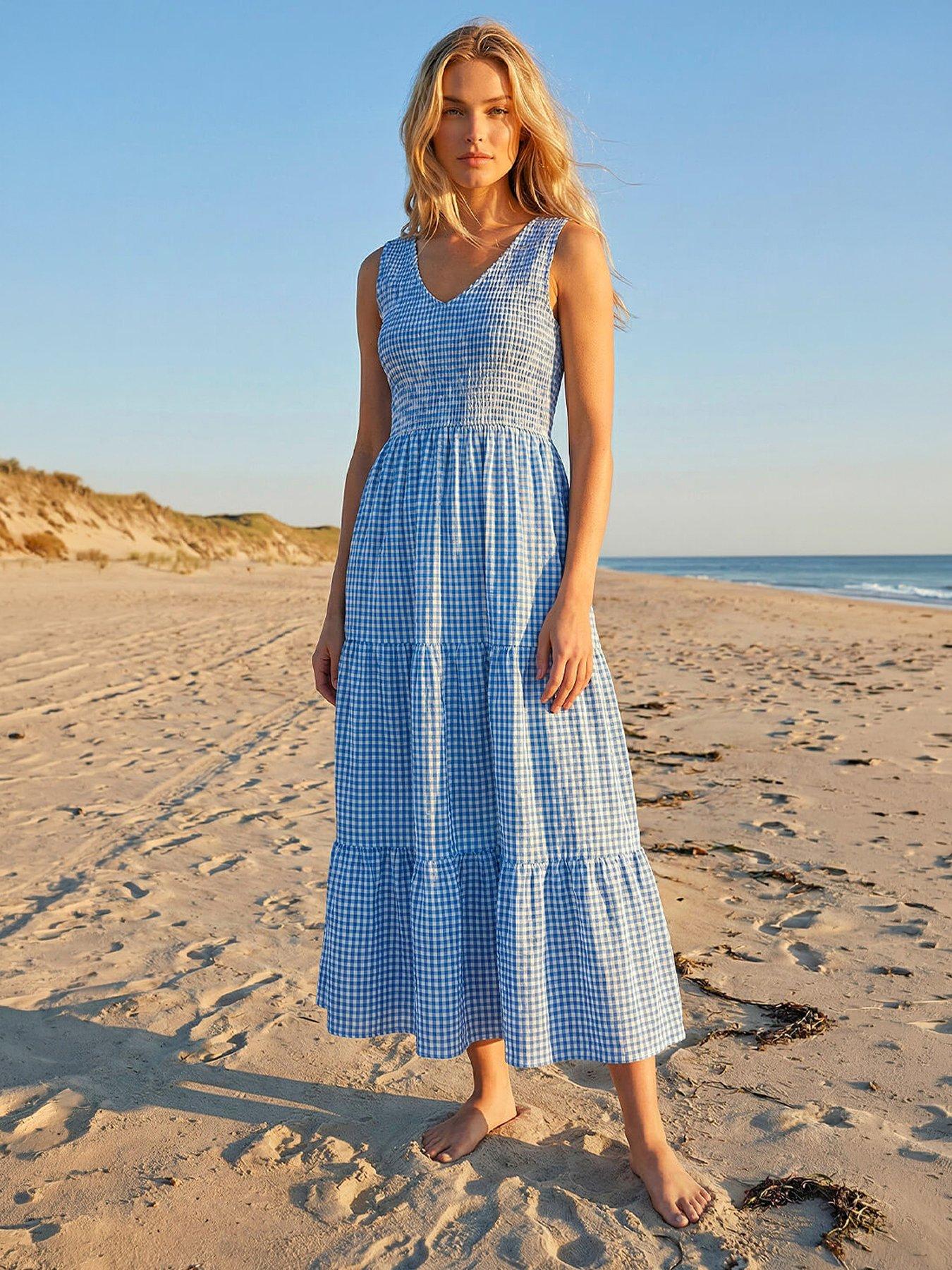 Roman Dusk Gingham Tiered Midi Dress
