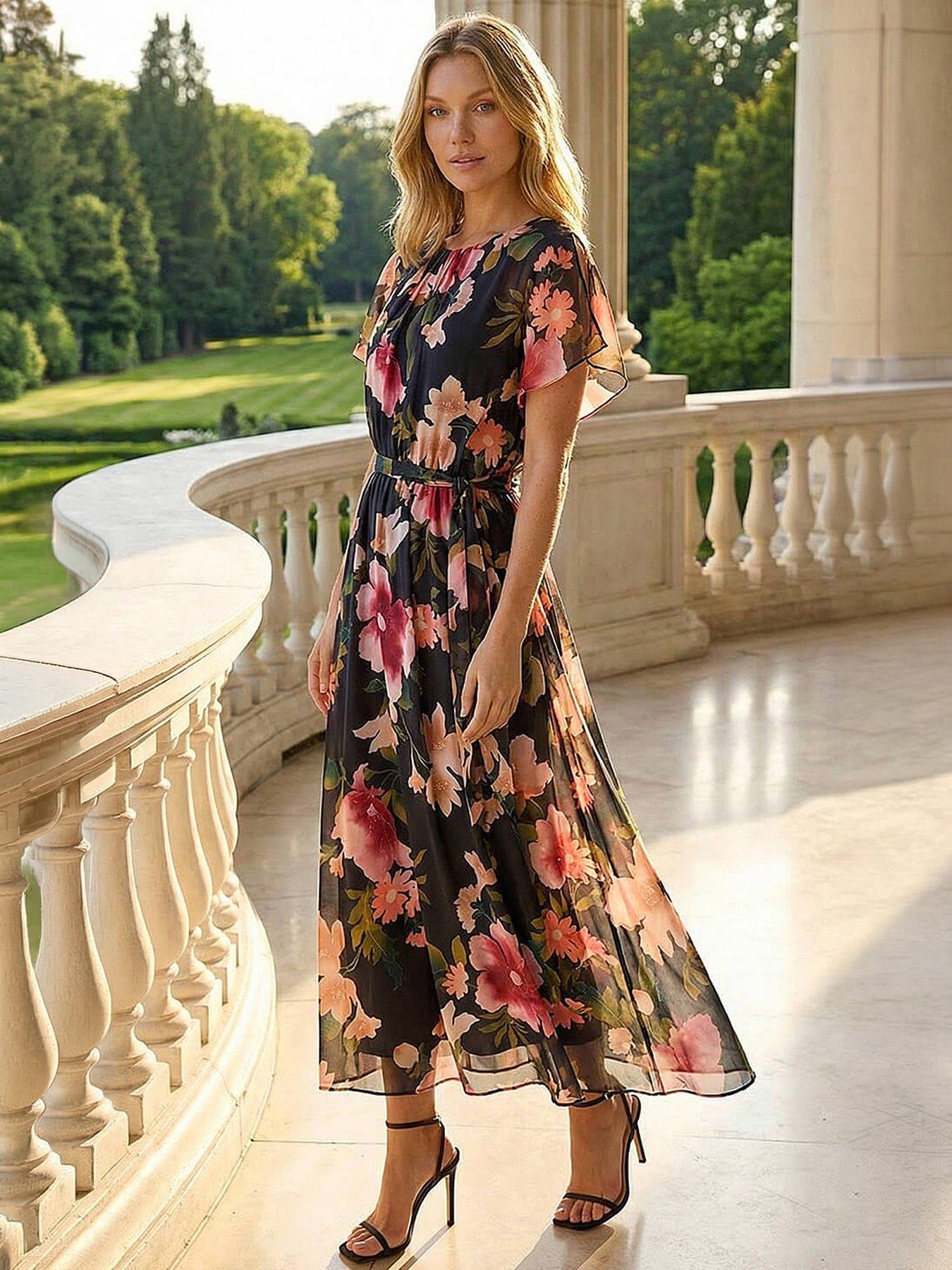 Roman Floral Split Sleeve Midi Dress