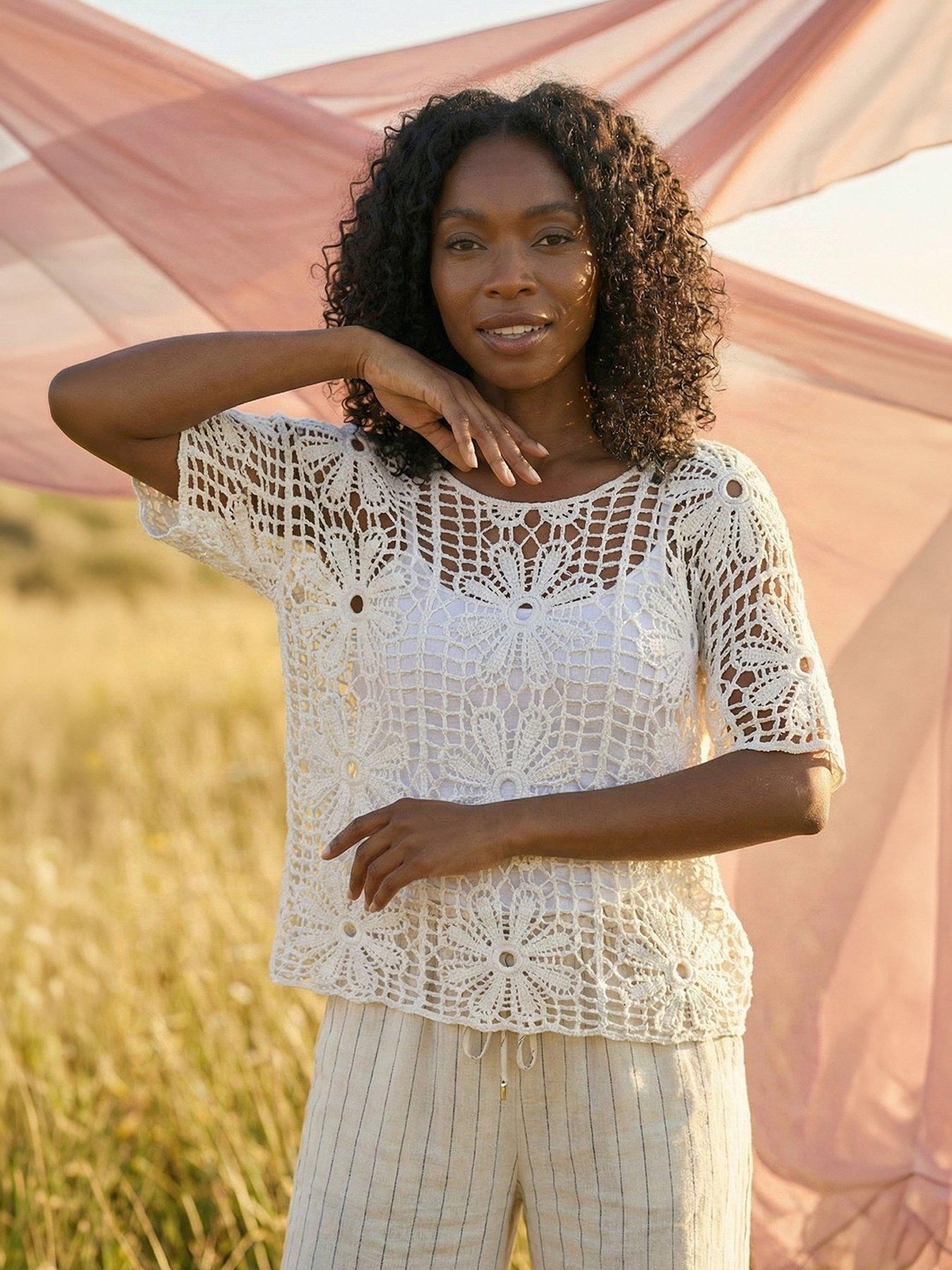 Image 1 of 5 of Roman Floral Crochet Knit Top