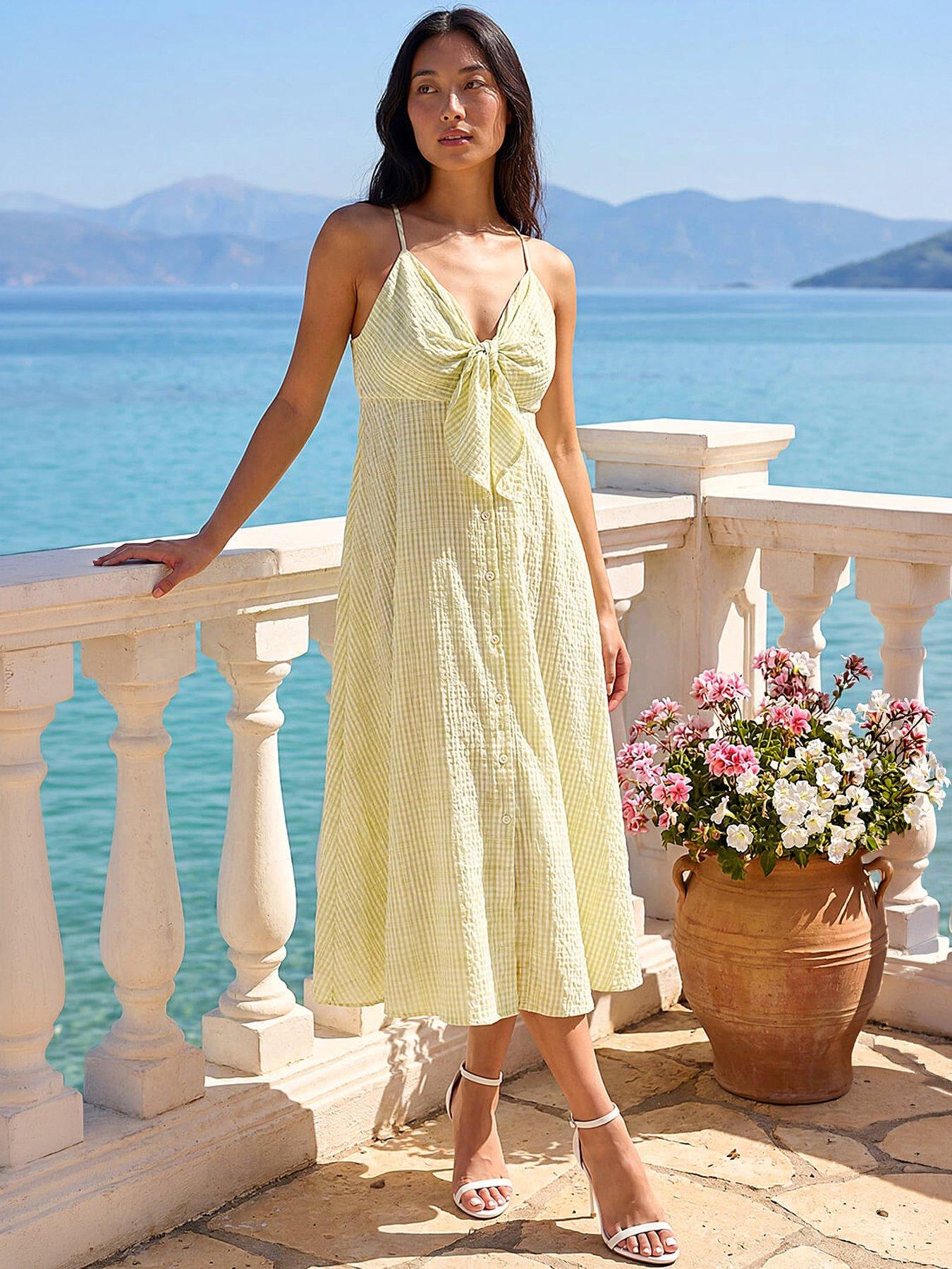 Image 1 of 5 of Roman Petite Gingham Twist Front Dress