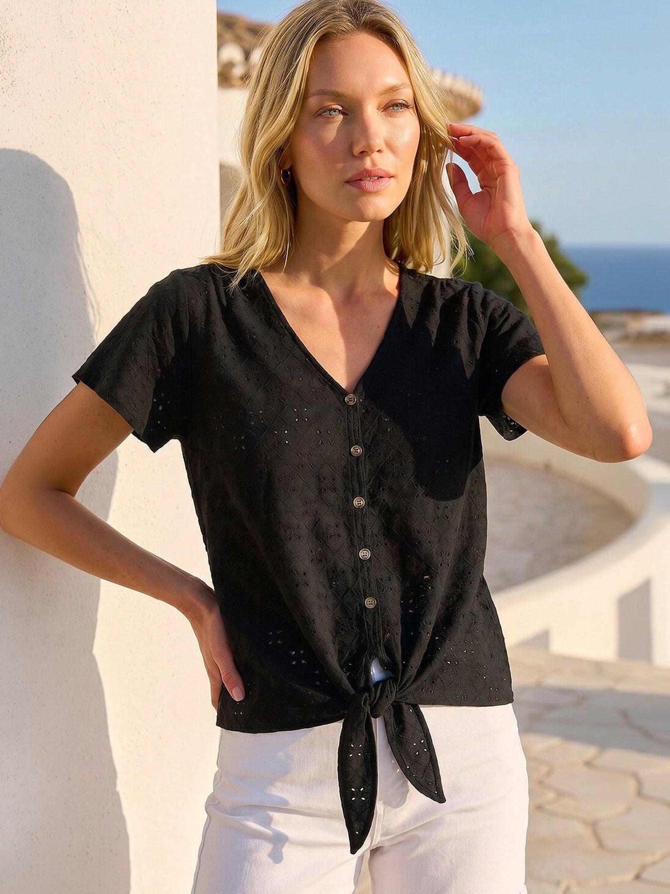 Roman V-neck Broderie Stretch Jersey Tie Front Top