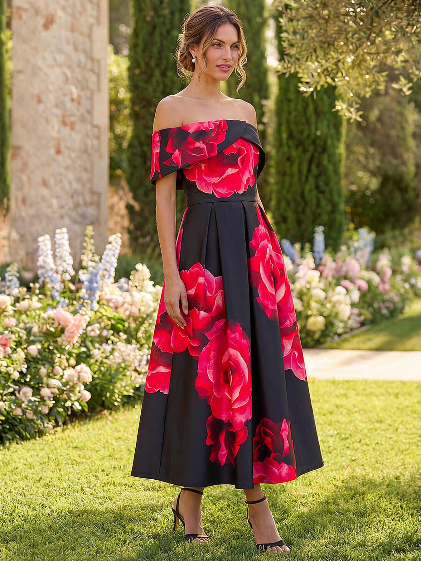 Roman Floral Print Premium Stretch Midi Dress