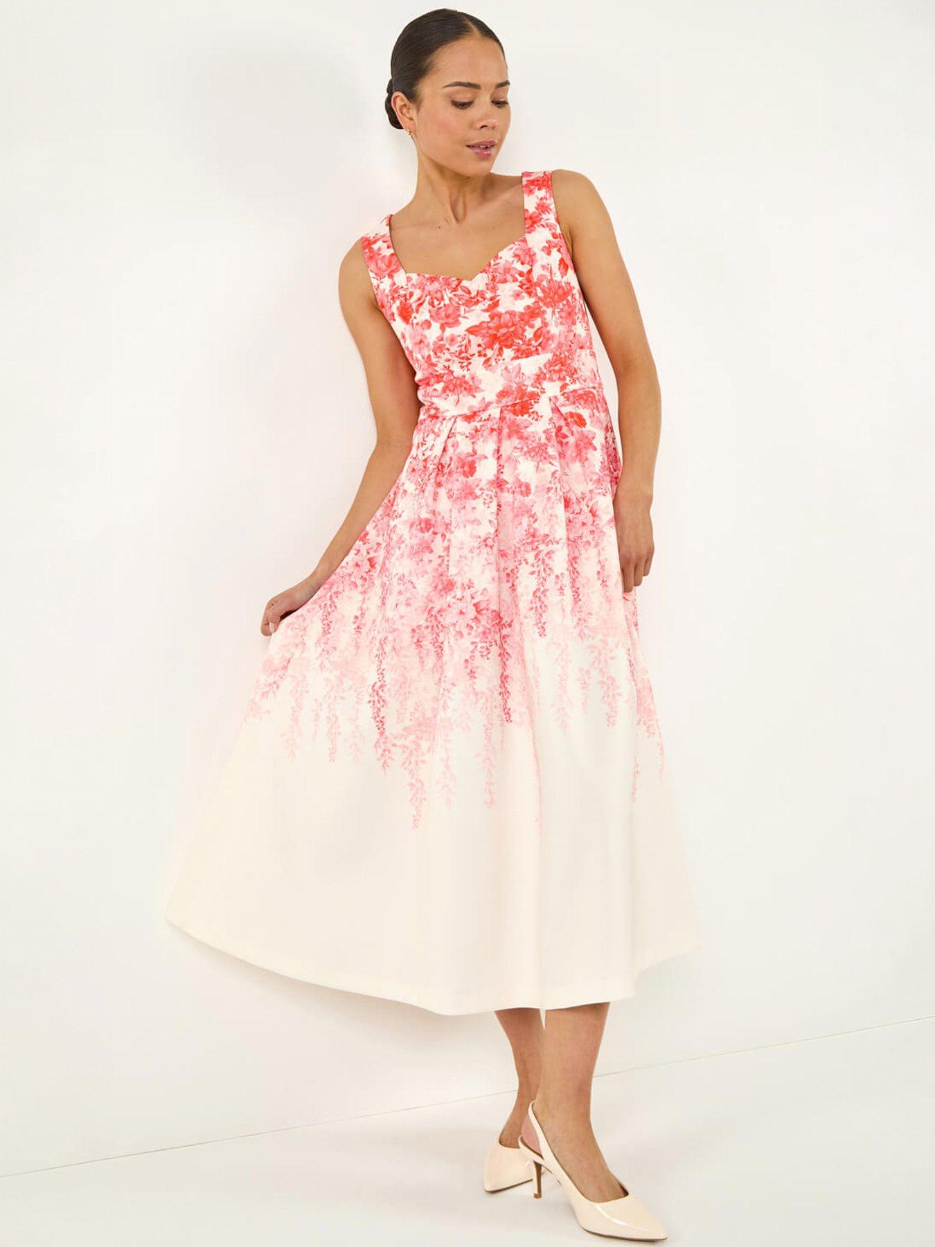 Roman Petite Floral Waist Stretch Midi Dress