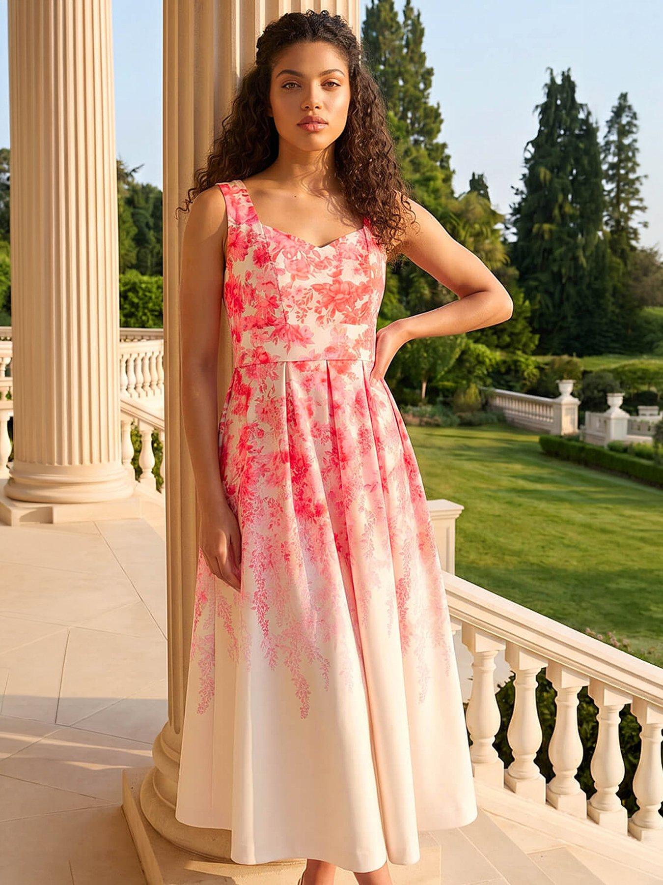 Roman Petite Floral Waist Stretch Midi Dress