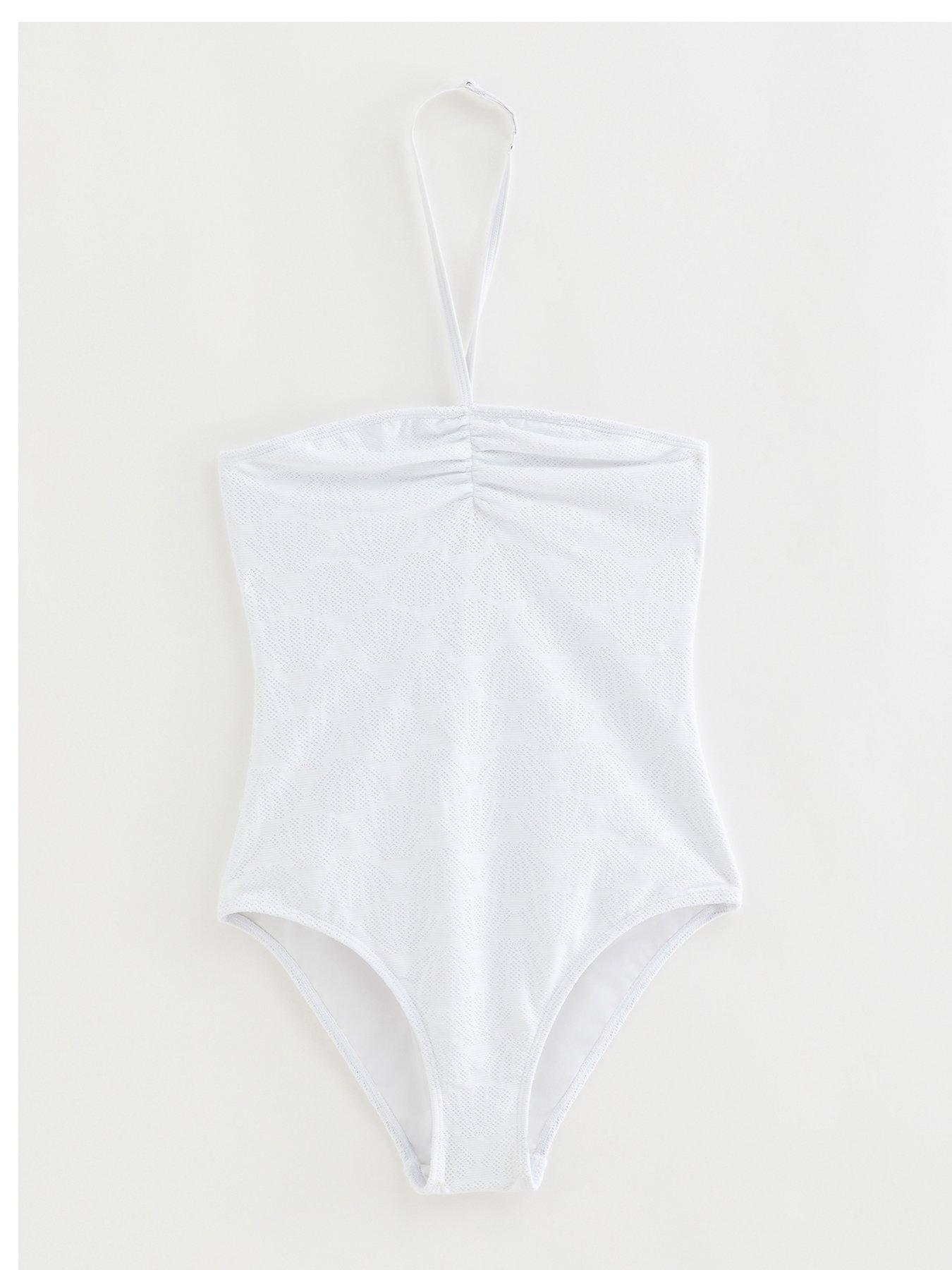 New Look 915 Girls White Shell Crochet Ruched Front Halter Swimsuit
