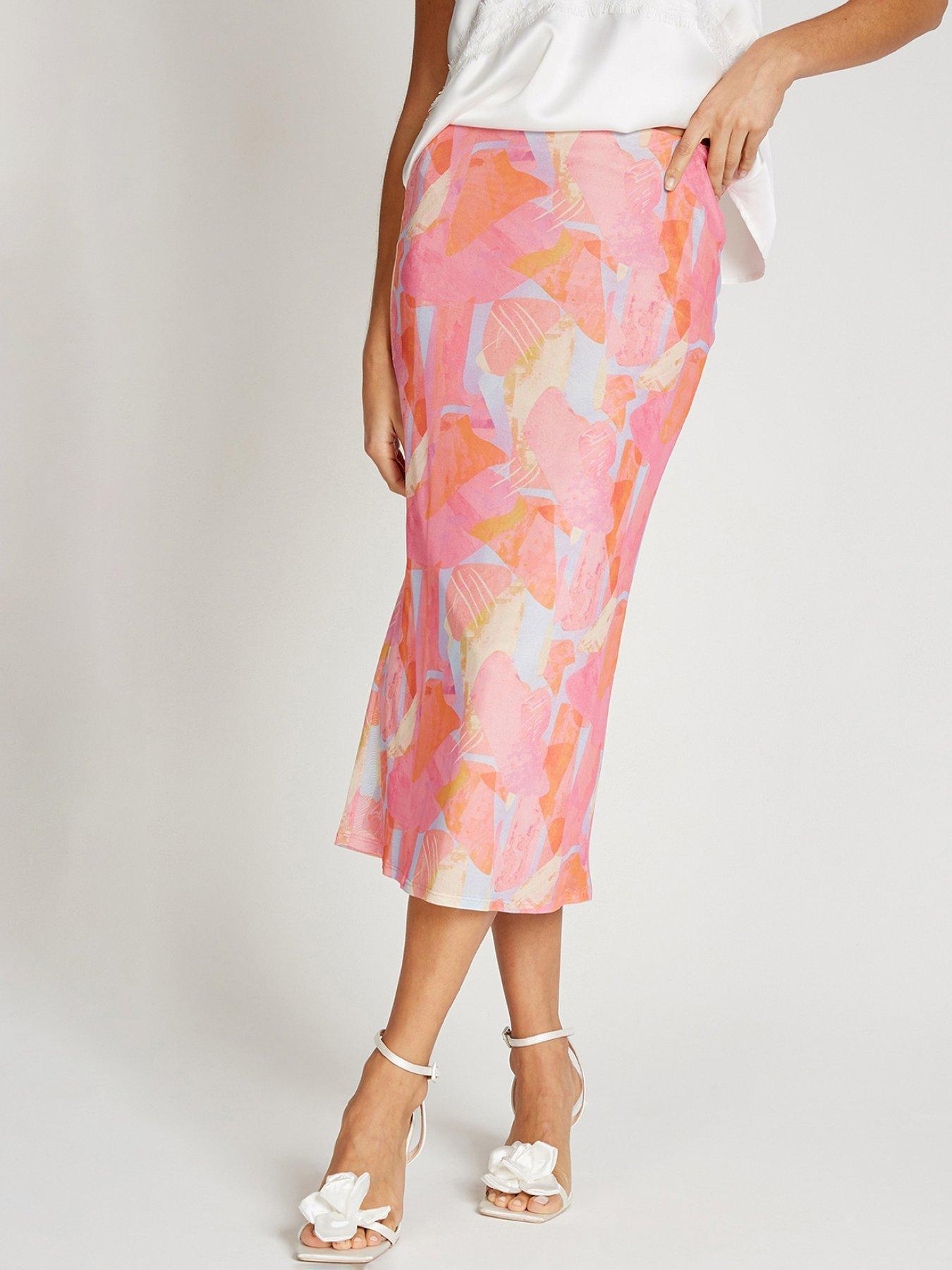 Image 1 of 4 of Little Mistress Pink Print Mesh Midaxi Skirt - Multi