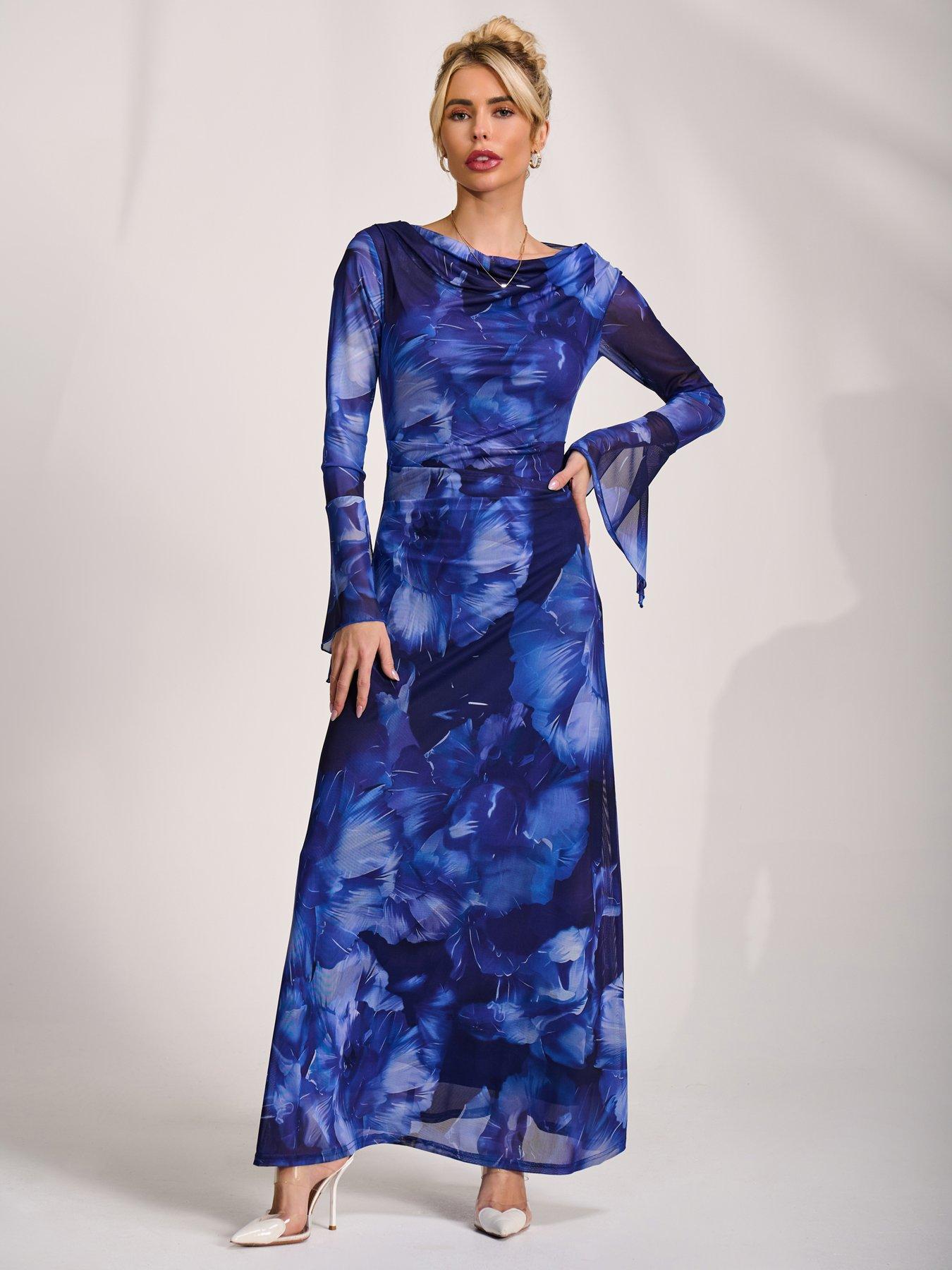 Image 1 of 7 of Jolie Moi Slash Neck Mesh Maxi Dress - Blue