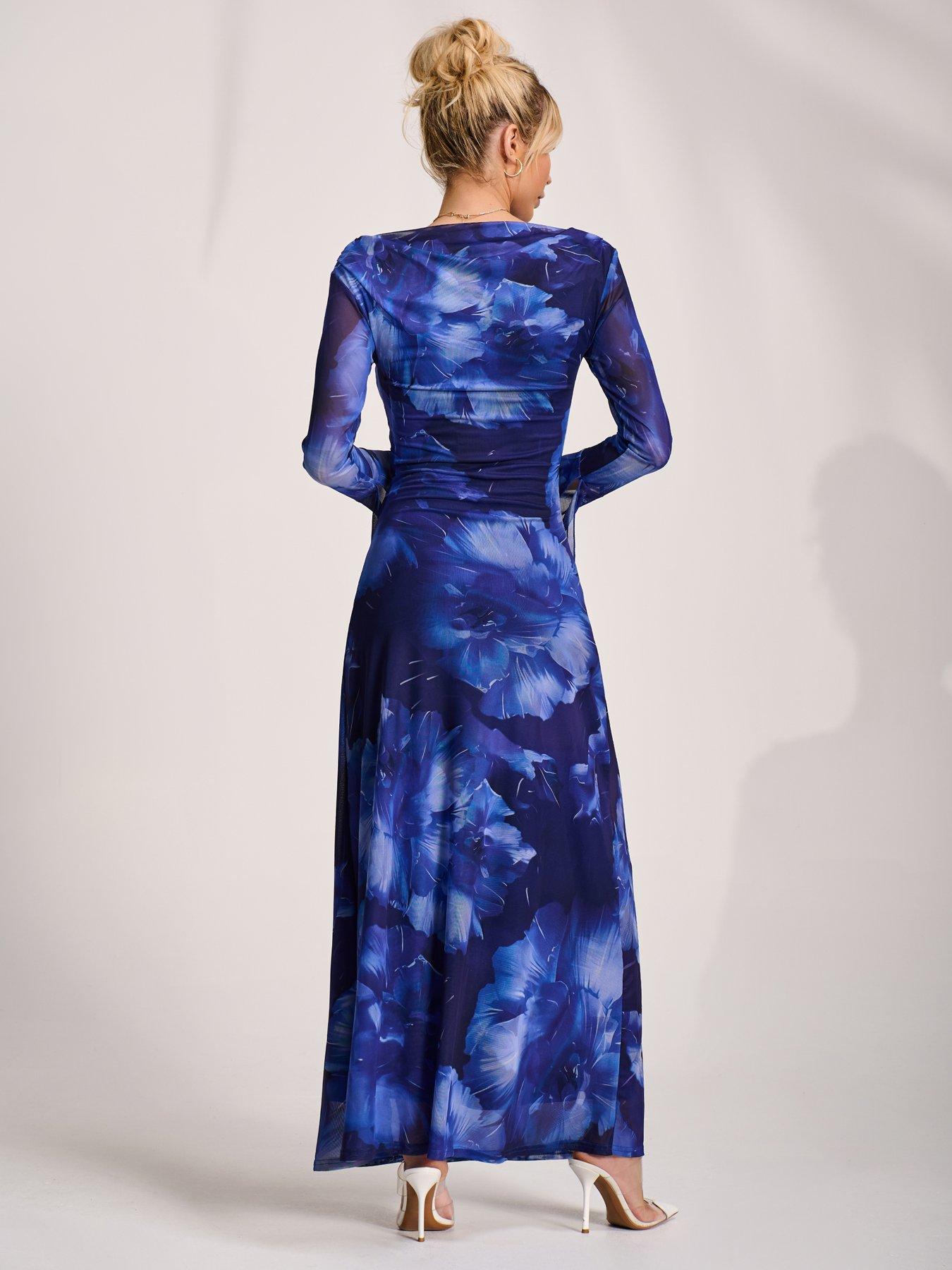 Image 2 of 7 of Jolie Moi Slash Neck Mesh Maxi Dress - Blue