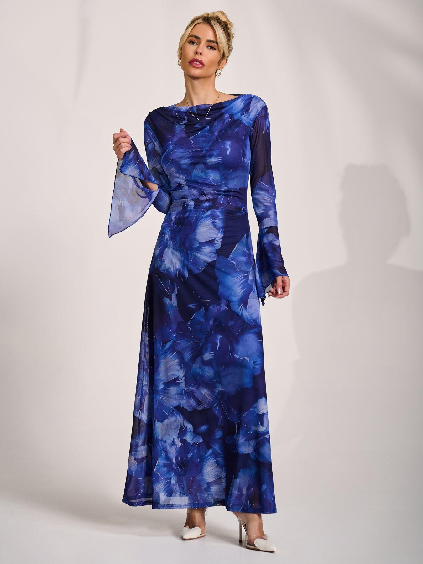 Image 3 of 7 of Jolie Moi Slash Neck Mesh Maxi Dress - Blue