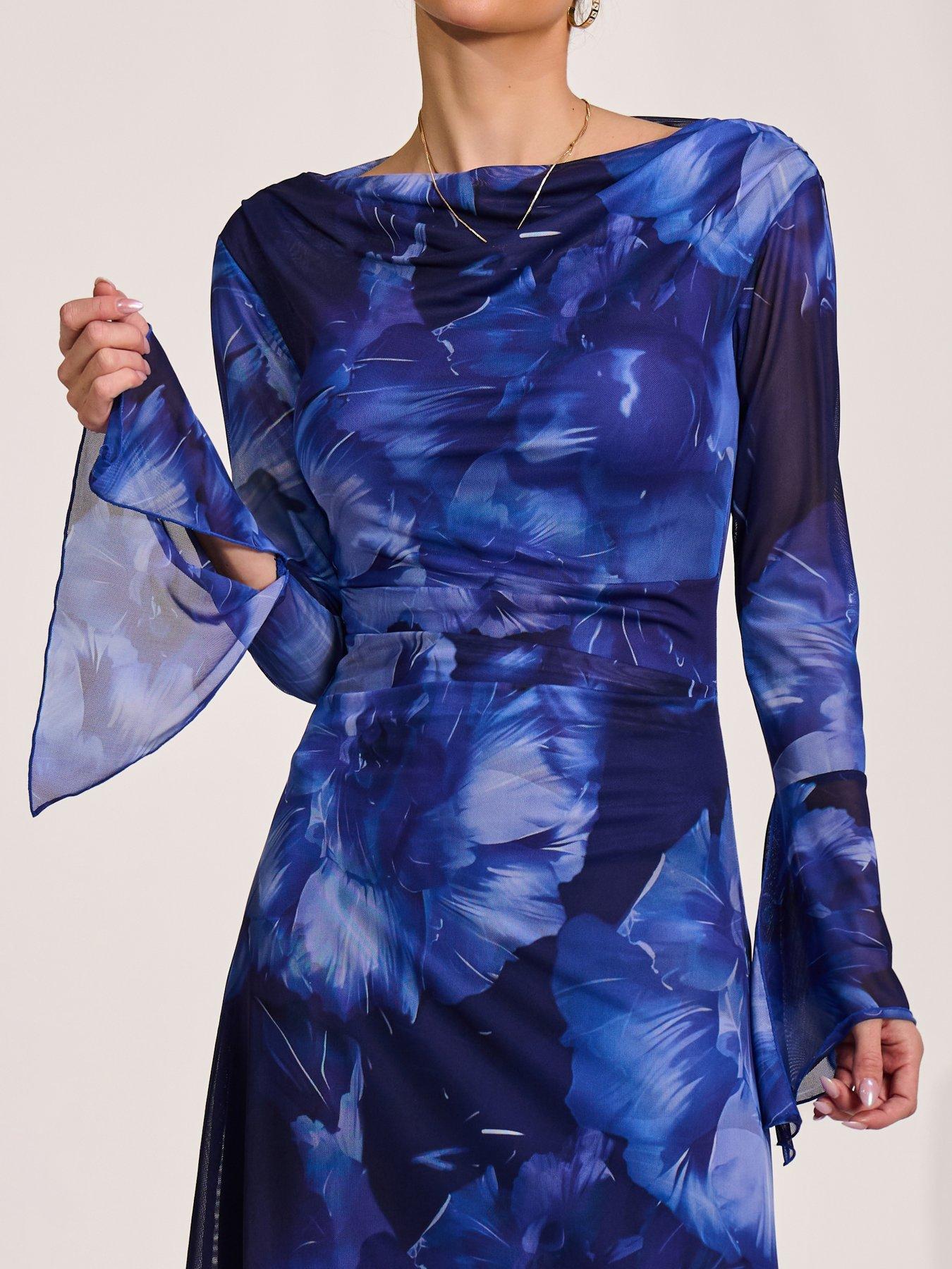 Image 4 of 7 of Jolie Moi Slash Neck Mesh Maxi Dress - Blue