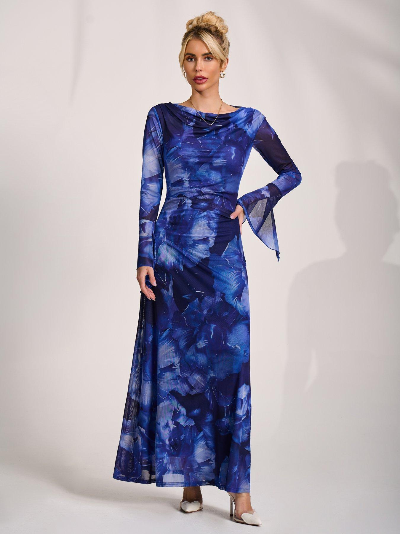 Image 5 of 7 of Jolie Moi Slash Neck Mesh Maxi Dress - Blue
