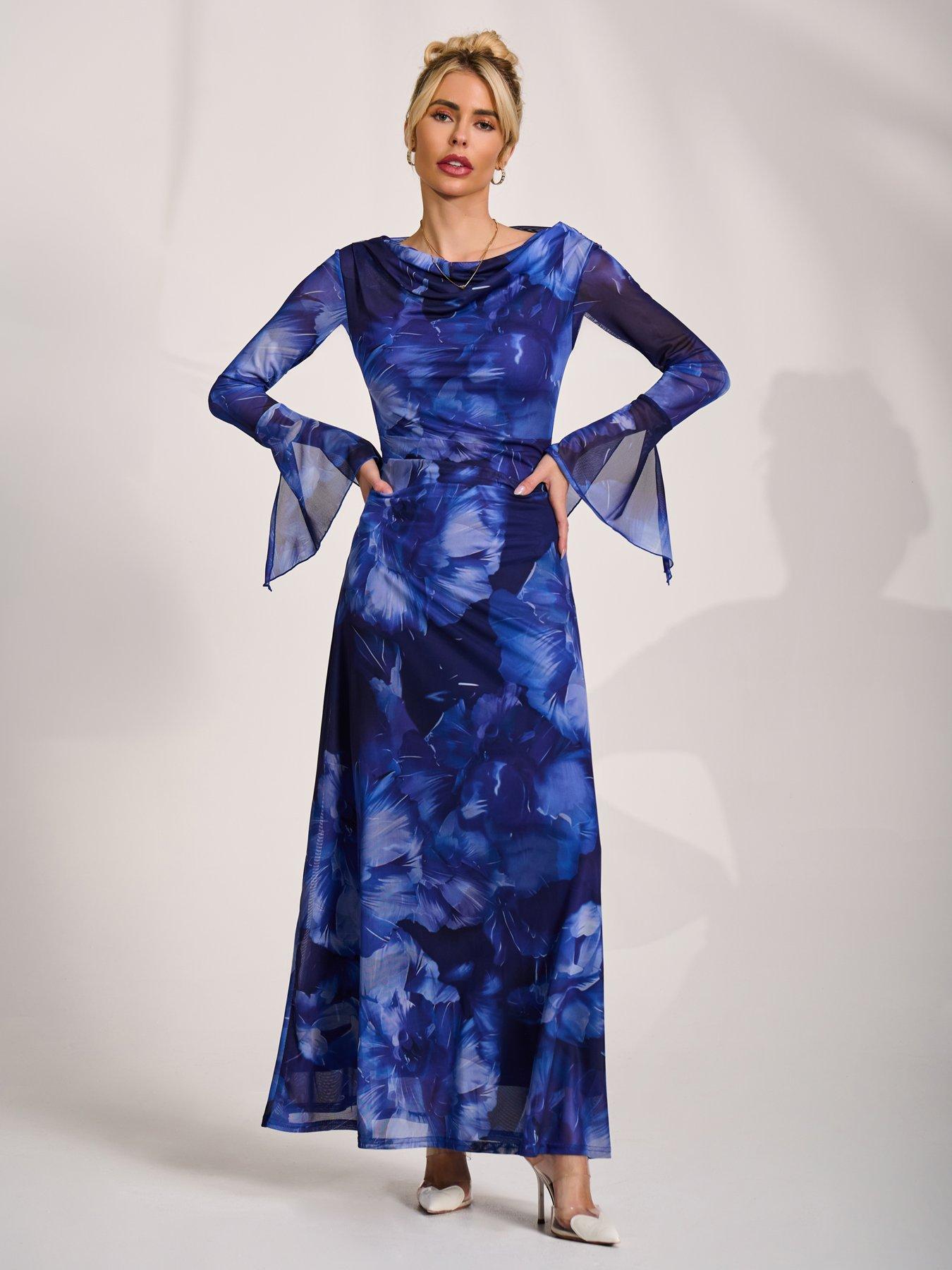 Image 6 of 7 of Jolie Moi Slash Neck Mesh Maxi Dress - Blue
