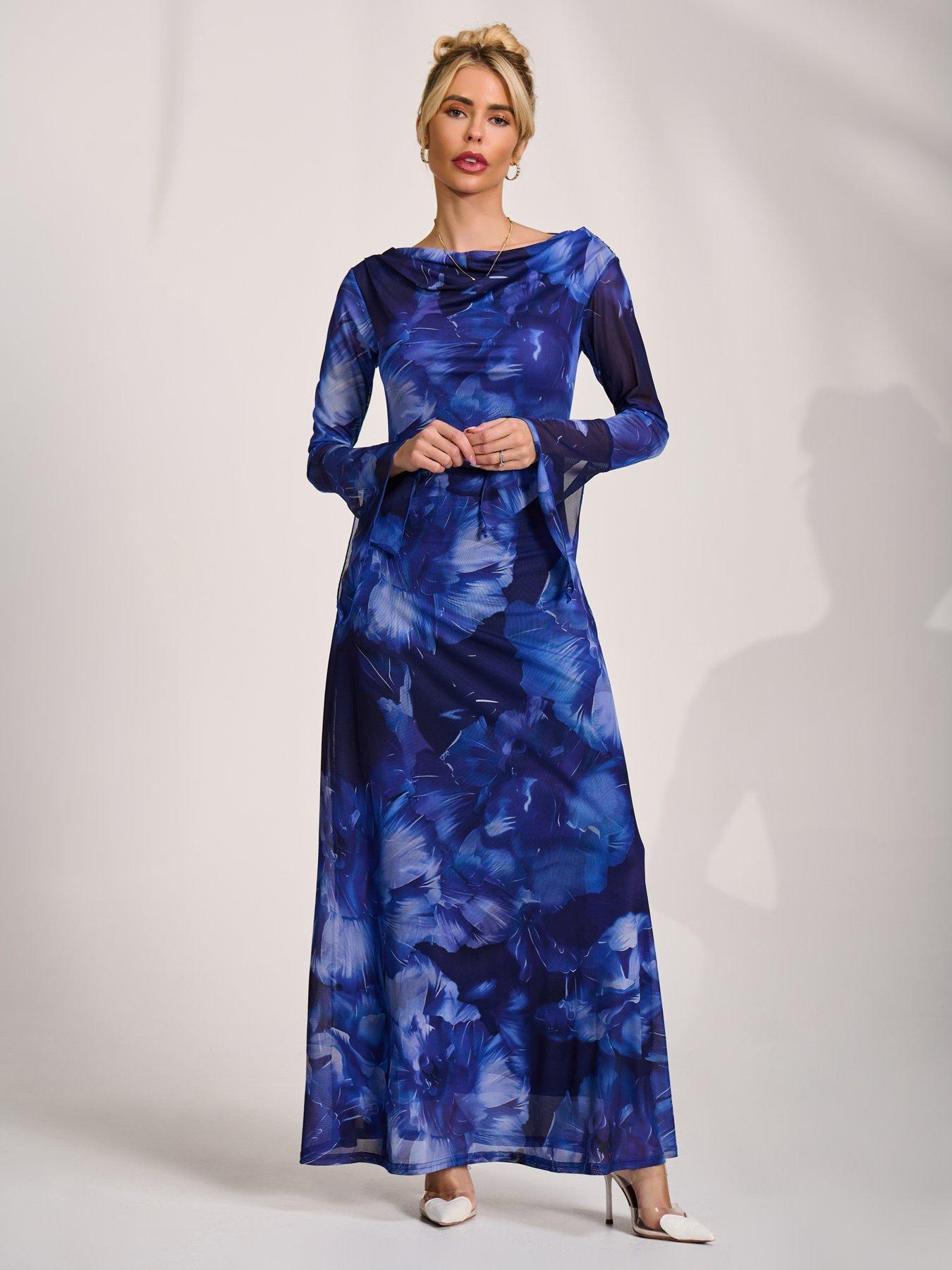 Image 7 of 7 of Jolie Moi Slash Neck Mesh Maxi Dress - Blue