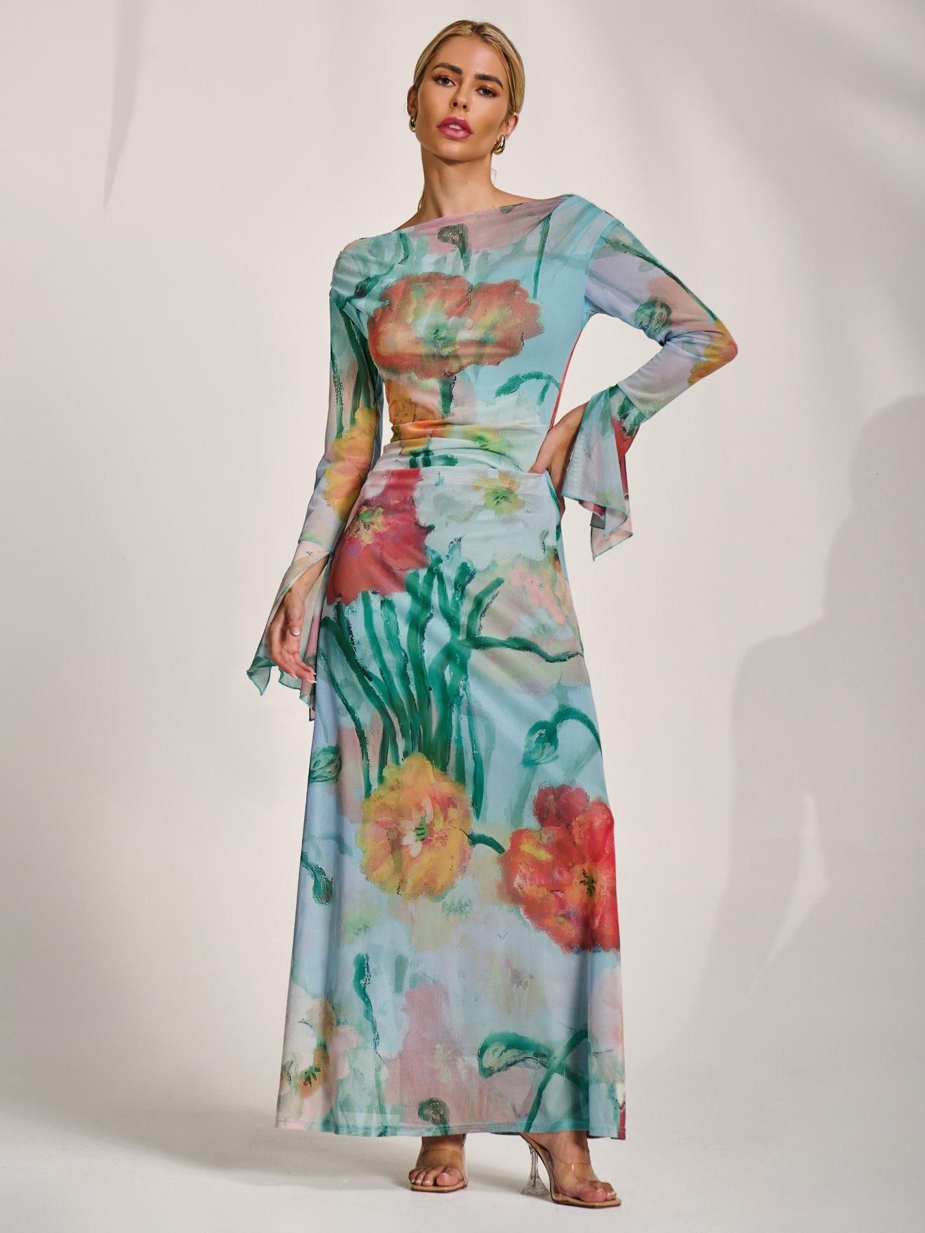 Jolie Moi Long Sleeve Slash Neck Mesh Maxi Dress - Blue